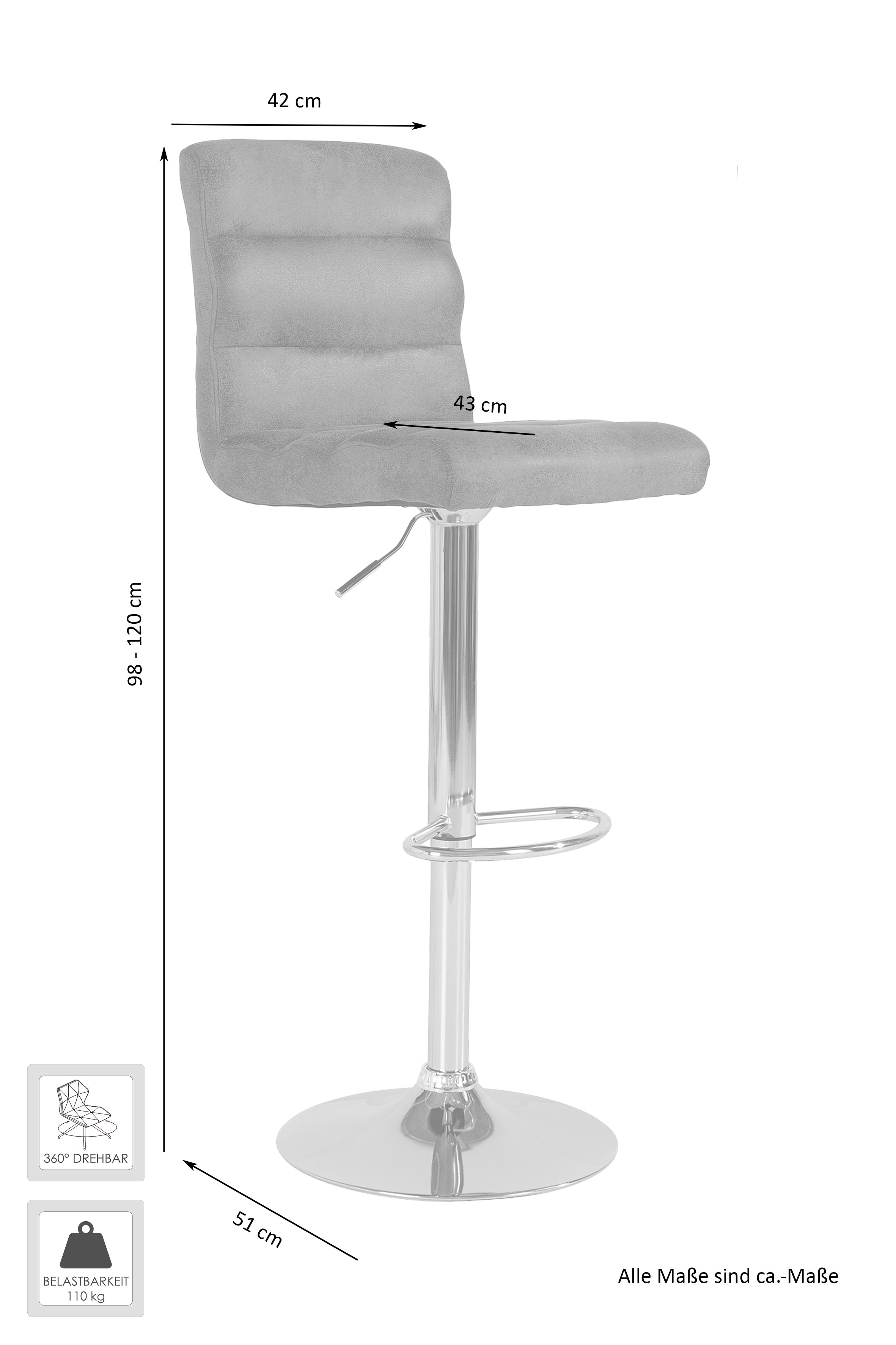 Barhocker 2er Set Phil / Vintage-Bezug in braun / Gestell verchromt / Barstuhl / Tresenhocker / bis 110 kg / B 42, H 98-120, T 51 cm