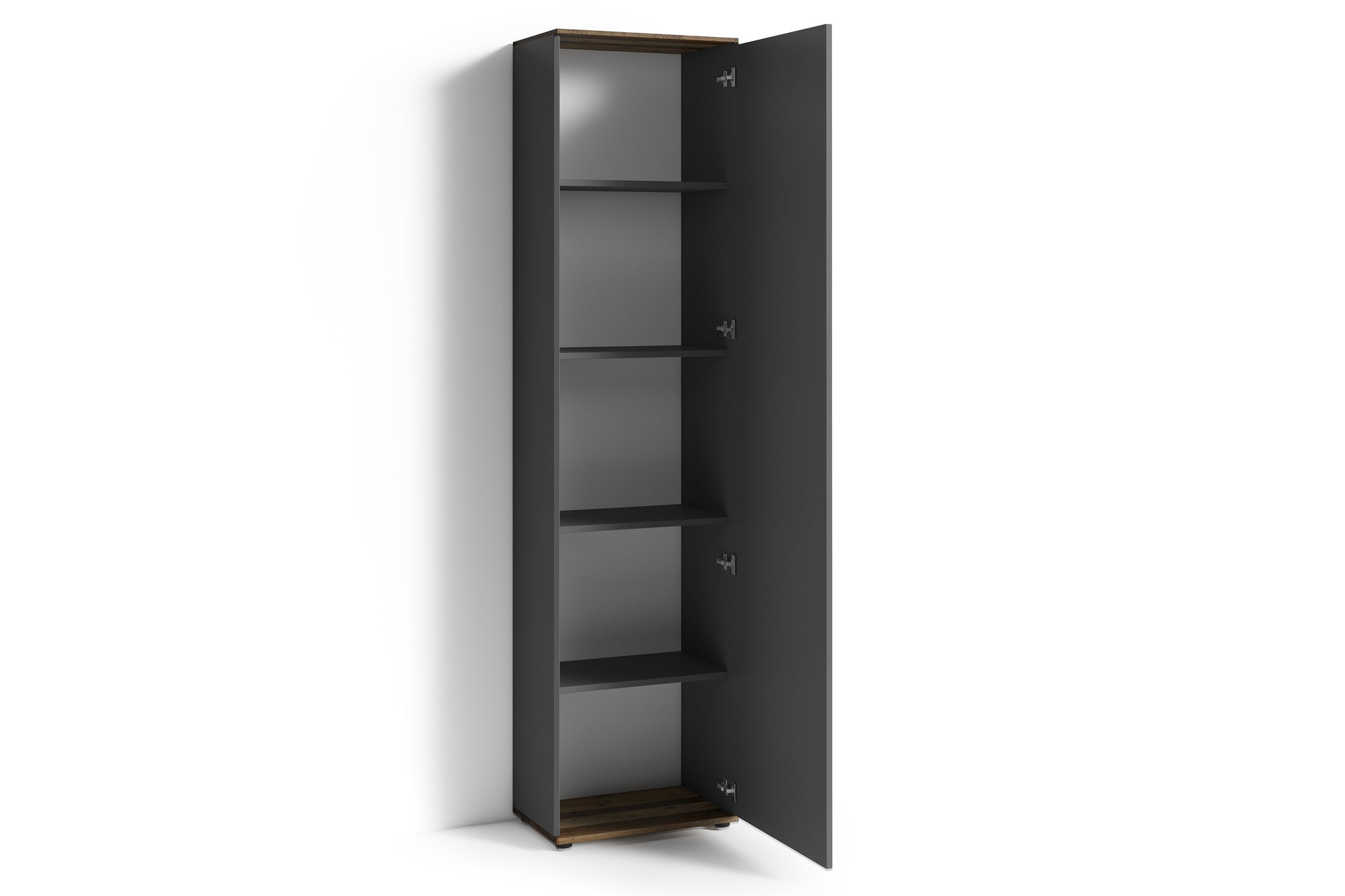 Spiegel-Schrank JAKOB / Eintüriger Hochschrank mit Spiegeltür / Artisan Eiche (Eiche-Optik), weiß oder Old Wood (Altholz-Optik) / Griffe silber oder schwarz / Tür variabel rechts oder links / 5 Fächer / Garderoben-Schrank / B 49, H 196, T 30 cm