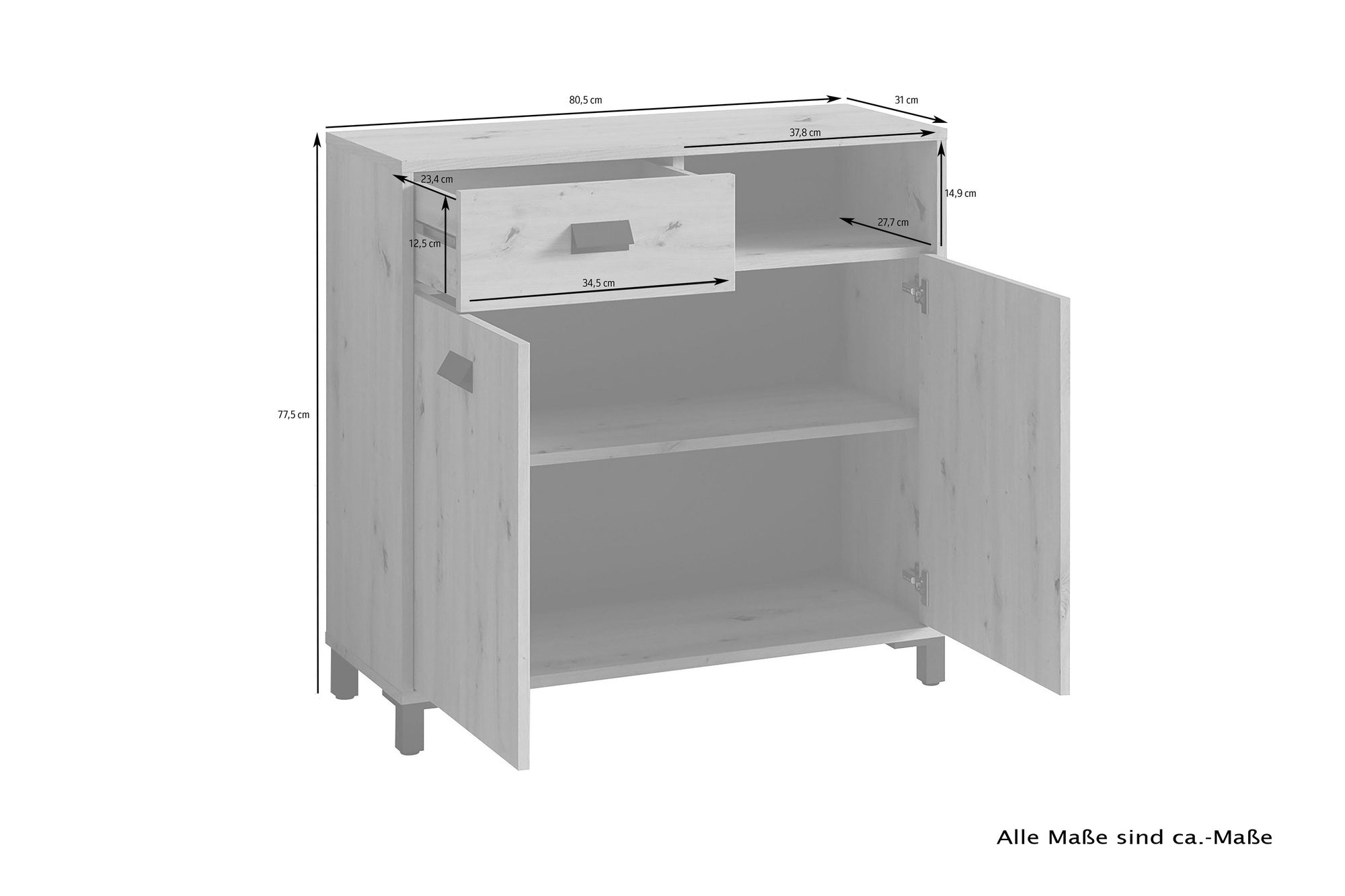 Badezimmer Kommode WELLNESS in Artisan Eiche, Griffe aus Metall in schwarz / Badschrank mit einer Schublade und zwei Türen / B 80,5, H 77,5, T 31 cm