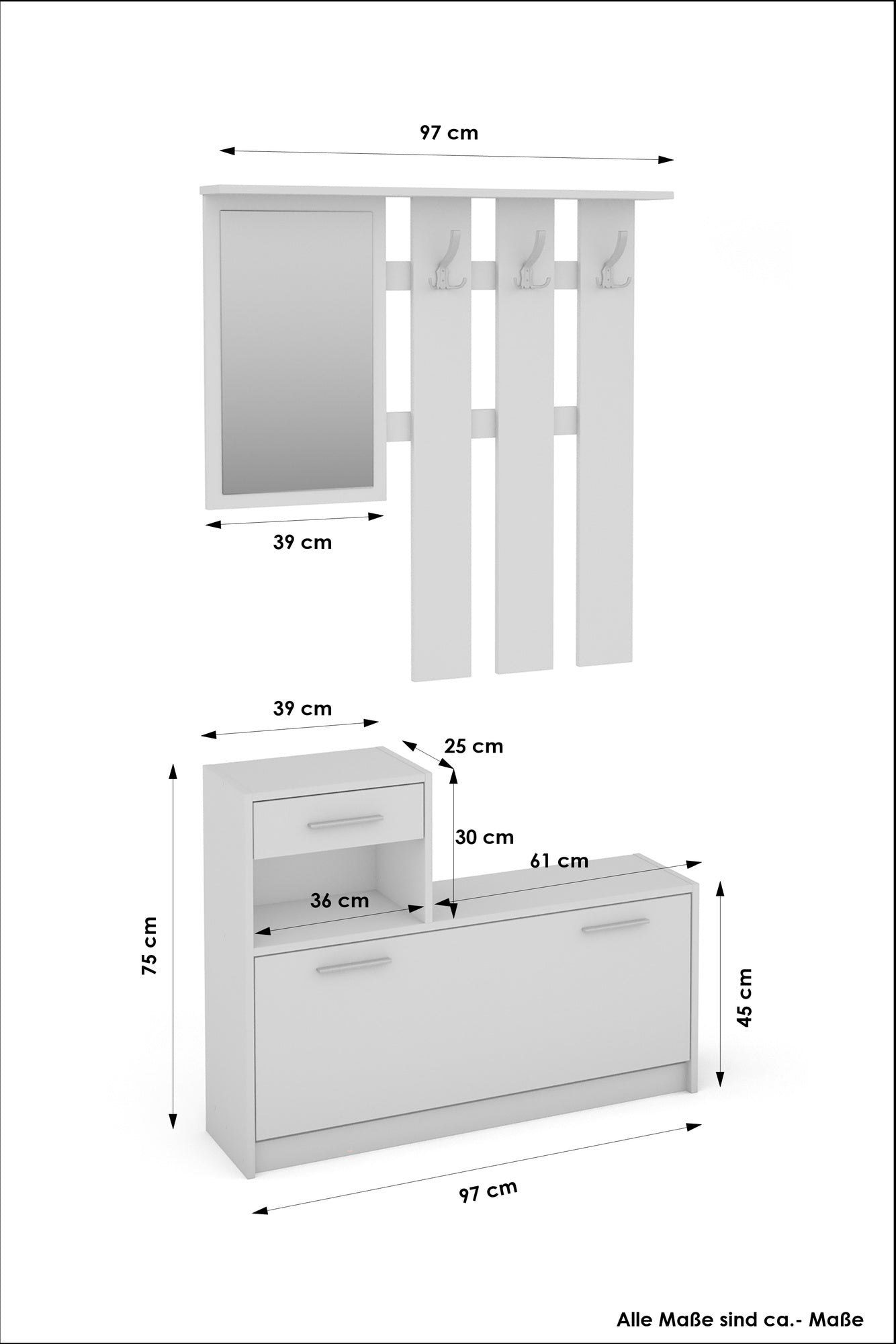 Garderoben-Set TAMINA / Kommode mit Schuhschrank + hängende Garderobe mit Spiegel / in Old Wood (Altholz-Optik), Artisan Eiche (Eiche-Optik) oder Light Atelier (Beton-Optik) / Flur-Schrank / Schränke / Regal / 100 x 190 x 25 cm (B x H x T)