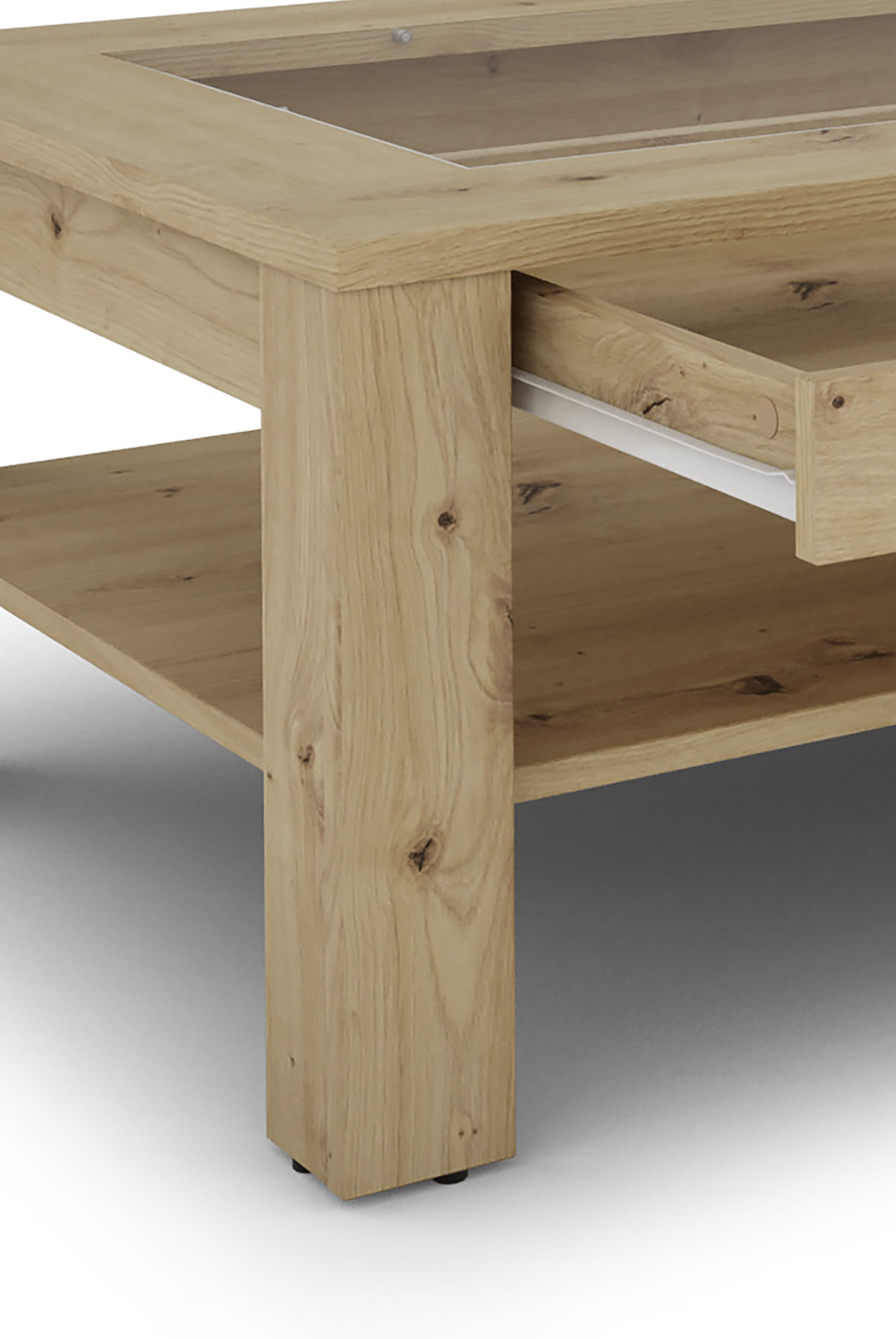 Couchtisch RALPH / moderner Sofatisch mit Glaseinlage und großzügiger Schublade in weiß, Artisan Eiche (Eiche-Optik) oder Old Wood (Altholz-Optik) / Beistelltisch mit viel Stauraum / B 110, H 43, T 67 cm