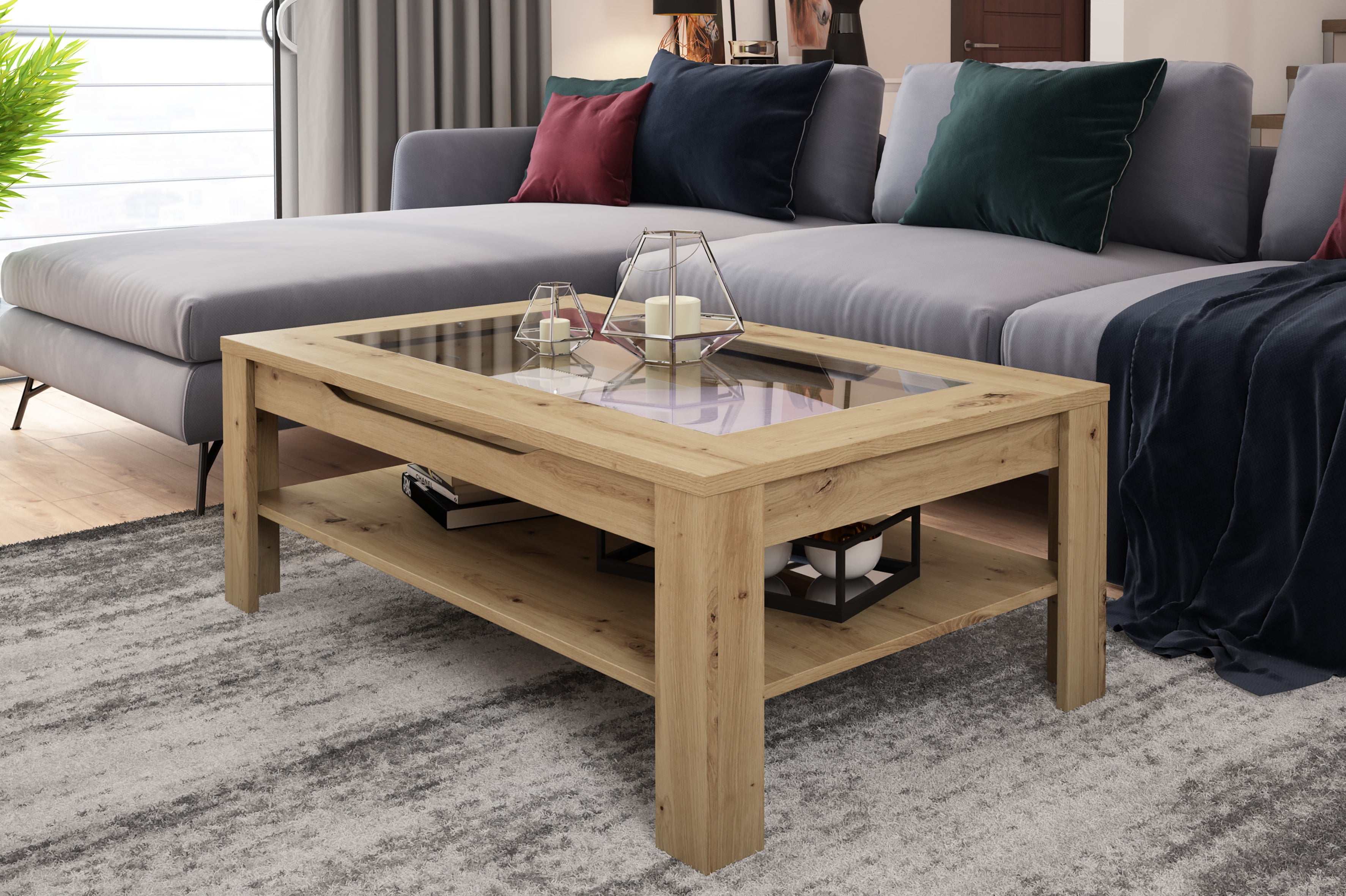 Couchtisch RALPH / moderner Sofatisch mit Glaseinlage und großzügiger Schublade in weiß, Artisan Eiche (Eiche-Optik) oder Old Wood (Altholz-Optik) / Beistelltisch mit viel Stauraum / B 110, H 43, T 67 cm