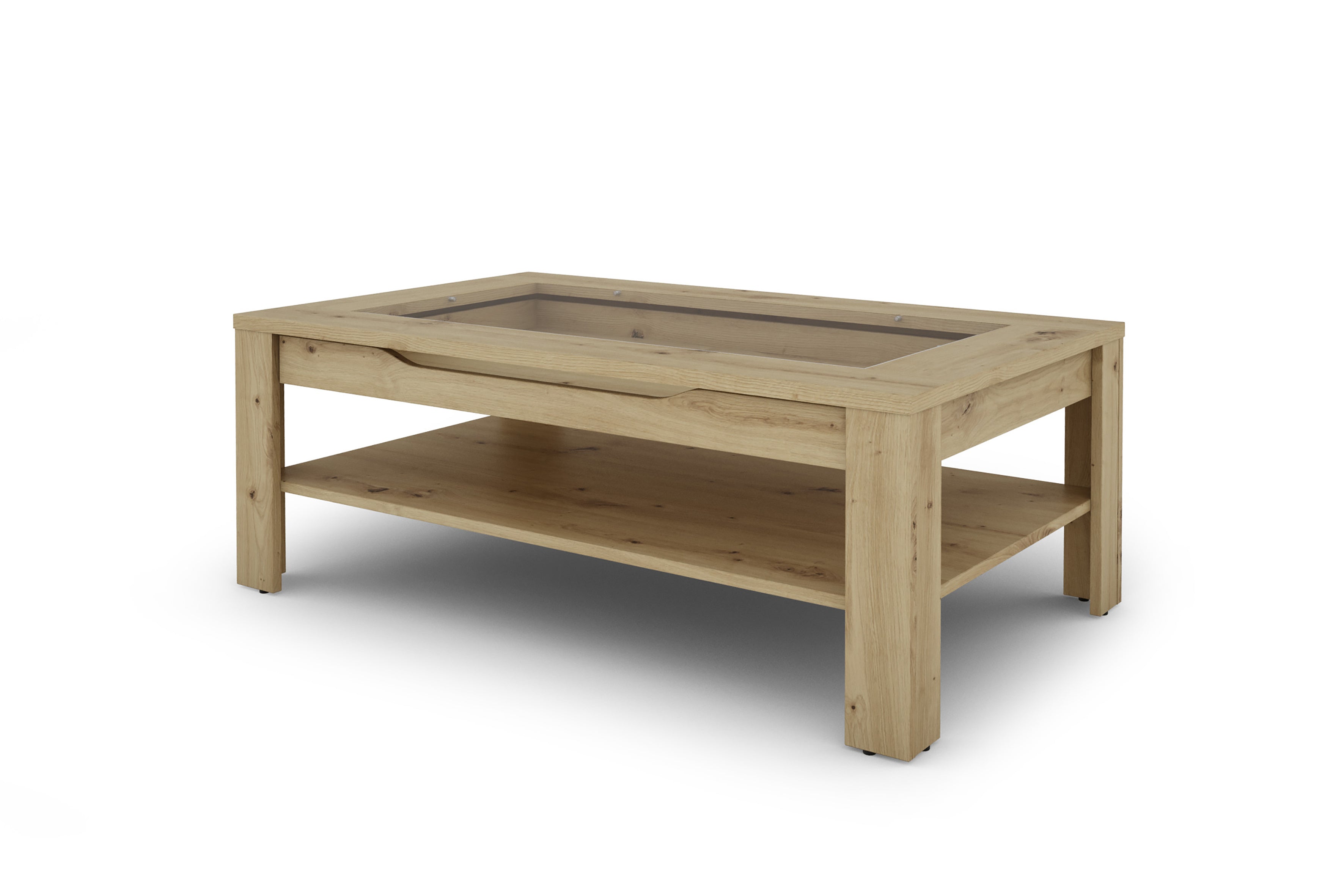 Couchtisch RALPH / moderner Sofatisch mit Glaseinlage und großzügiger Schublade in weiß, Artisan Eiche (Eiche-Optik) oder Old Wood (Altholz-Optik) / Beistelltisch mit viel Stauraum / B 110, H 43, T 67 cm