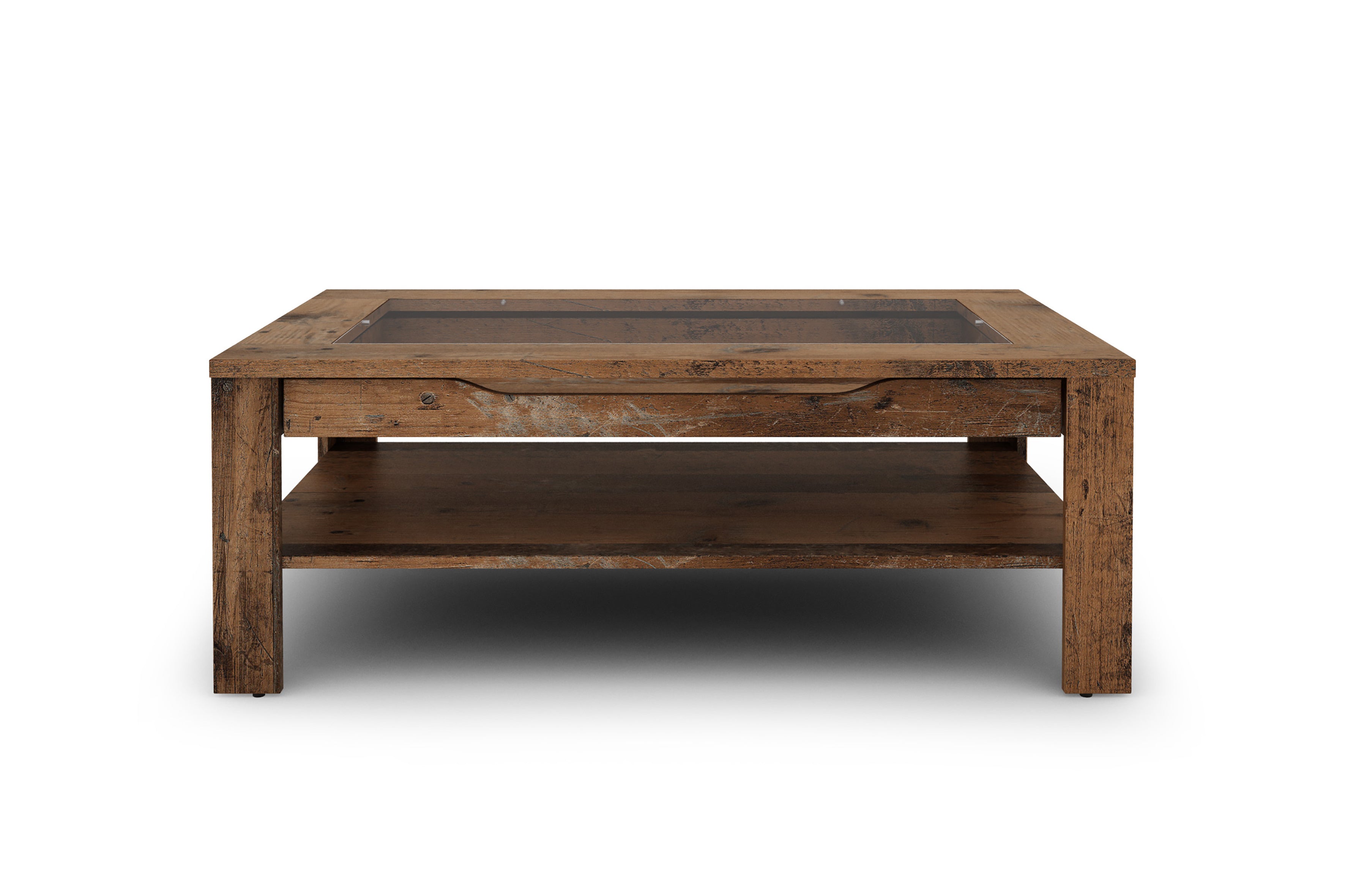 Couchtisch RALPH / moderner Sofatisch mit Glaseinlage und großzügiger Schublade in weiß, Artisan Eiche (Eiche-Optik) oder Old Wood (Altholz-Optik) / Beistelltisch mit viel Stauraum / B 110, H 43, T 67 cm