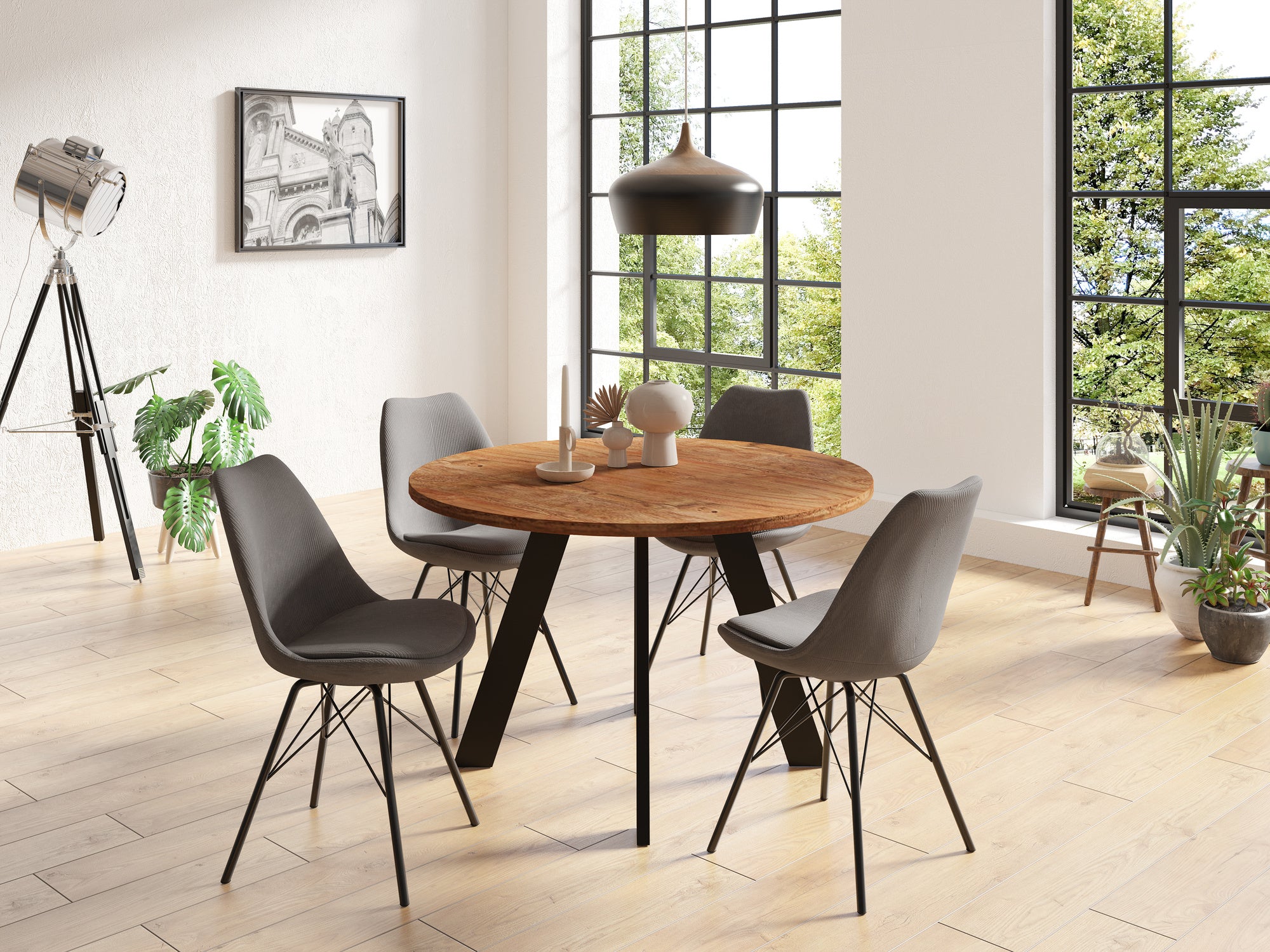 Esstisch TARA / runde Tischplatte Akazie natur / Gestell Metall schwarz / Küchentisch für bis zu 5 Personen / D 100, H 76 cm oder D 120 cm, H 76 cm