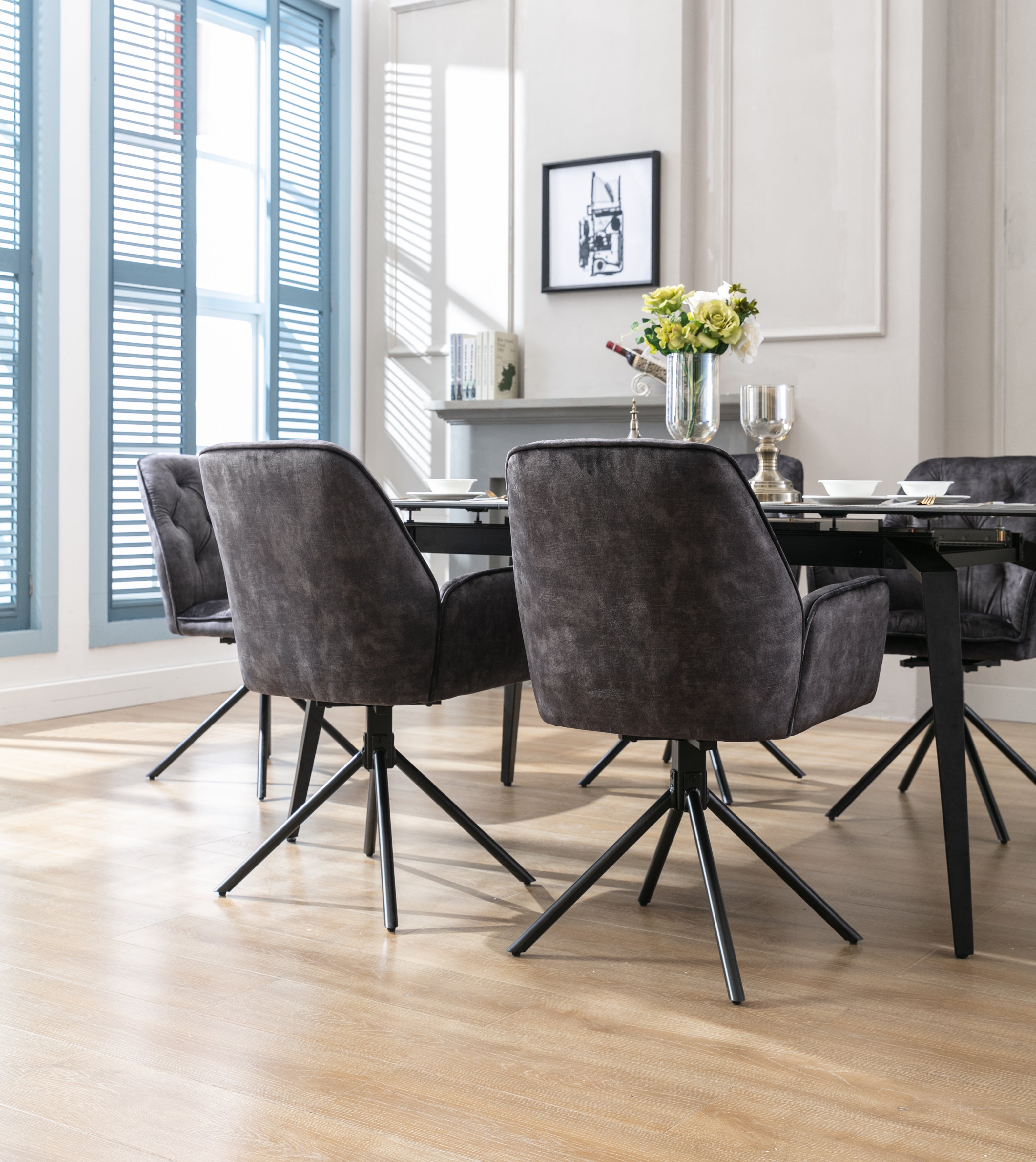 Esszimmerstuhl 2er Set SARINA/ Vintage-Samt anthrazit oder beige / Gestell Metall schwarz / Sitzschale 360° drehbar / Küchenstuhl / Armlehnstuhl / B 59,5, H 89, T 62 cm