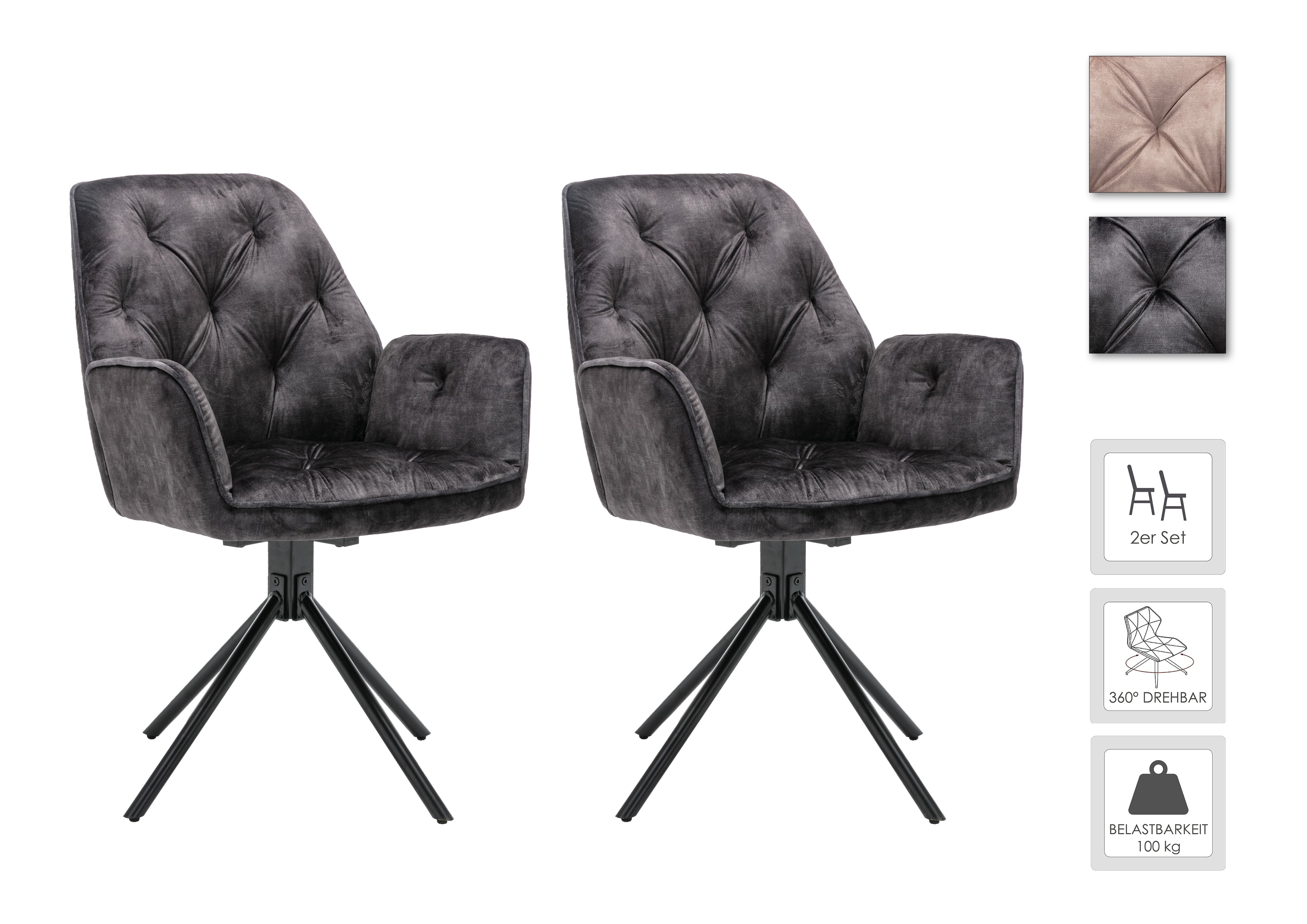 Esszimmerstuhl 2er Set SARINA/ Vintage-Samt anthrazit oder beige / Gestell Metall schwarz / Sitzschale 360° drehbar / Küchenstuhl / Armlehnstuhl / B 59,5, H 89, T 62 cm