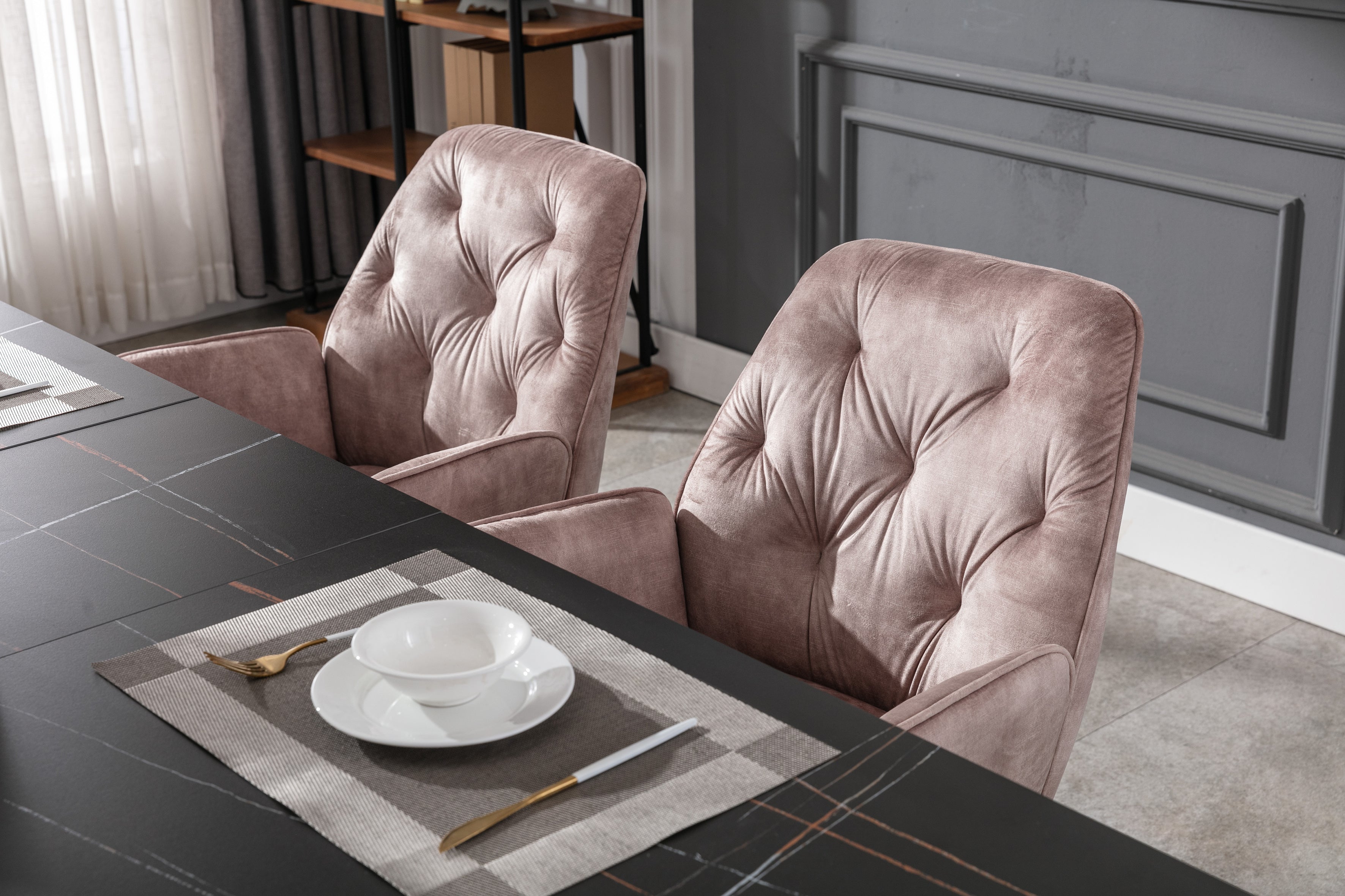 Esszimmerstuhl 2er Set SARINA/ Vintage-Samt anthrazit oder beige / Gestell Metall schwarz / Sitzschale 360° drehbar / Küchenstuhl / Armlehnstuhl / B 59,5, H 89, T 62 cm