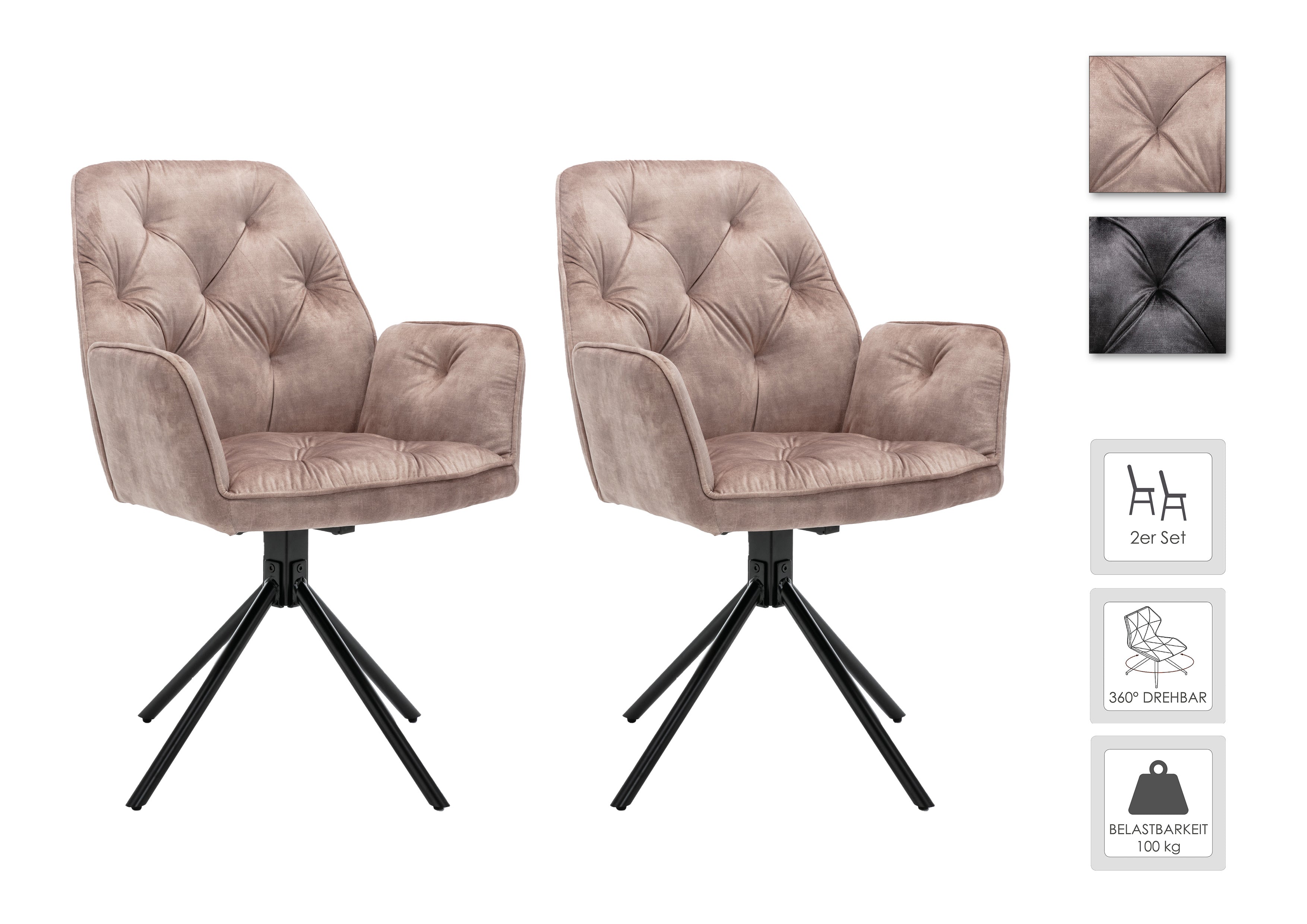 Esszimmerstuhl 2er Set SARINA/ Vintage-Samt anthrazit oder beige / Gestell Metall schwarz / Sitzschale 360° drehbar / Küchenstuhl / Armlehnstuhl / B 59,5, H 89, T 62 cm