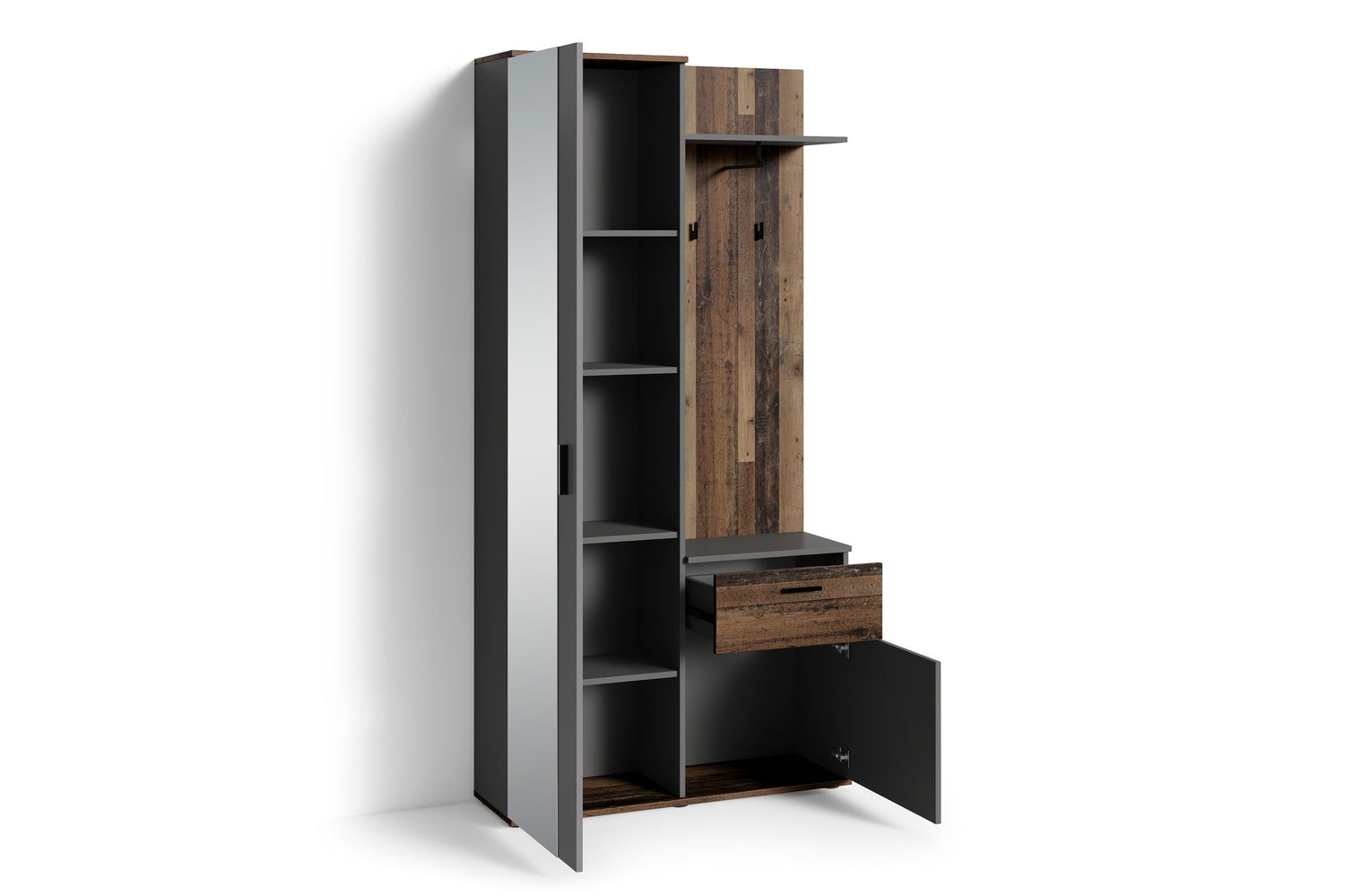 Kompakt-Garderobe JAKOB / in Old Wood (Altholz-Optik), Artisan Eiche (Eiche-Optik) oder weiß / Garderobe mit großer Spiegeltür / Fest montiertes Set / Kommode / Schuh-Schrank / B 97, H 195, T 30 cm