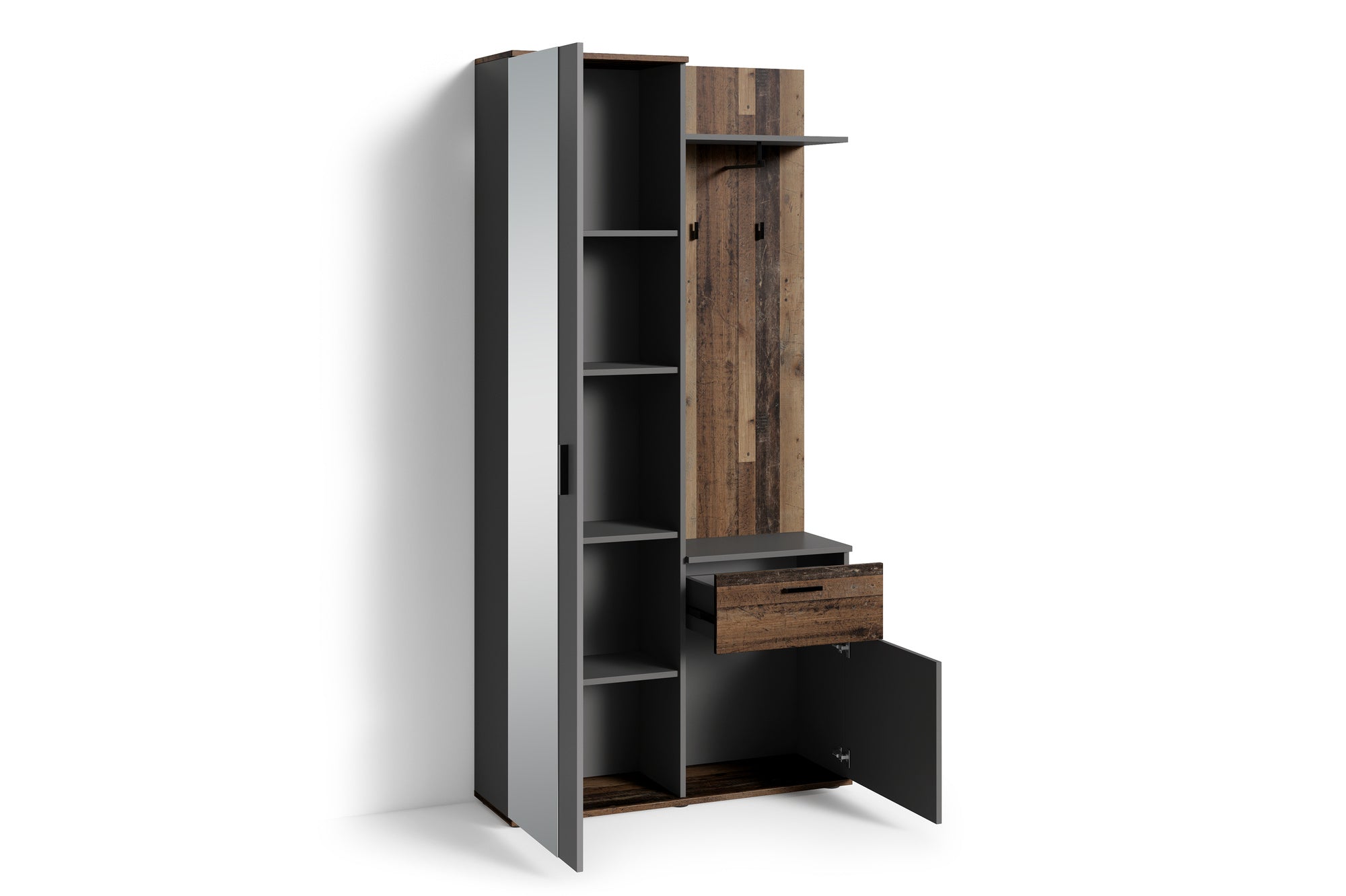 Kompakt-Garderobe JAKOB / in Old Wood (Altholz-Optik), Artisan Eiche (Eiche-Optik) oder weiß / Garderobe mit großer Spiegeltür / Fest montiertes Set / Kommode / Schuh-Schrank / B 97, H 195, T 30 cm