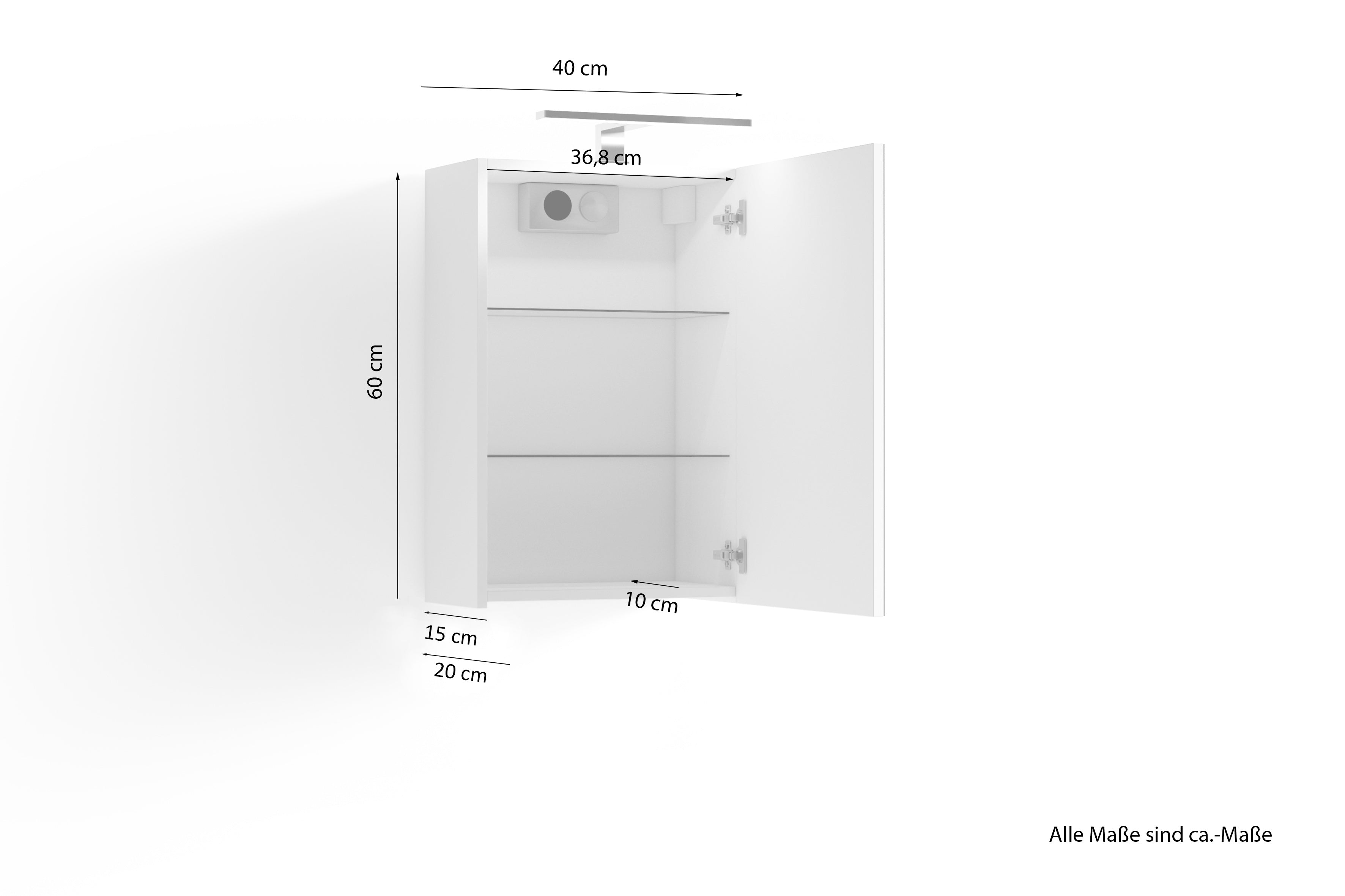Spiegelschrank SPREE / Korpus matt weiß oder anthrazit mit Spiegeltüren / Hängeschrank mit Soft-Close-Funktion / Inklusive LED-Beleuchtung / Badschrank mit Stecker- und Schalterdose / B 40, H 60, T 20 cm