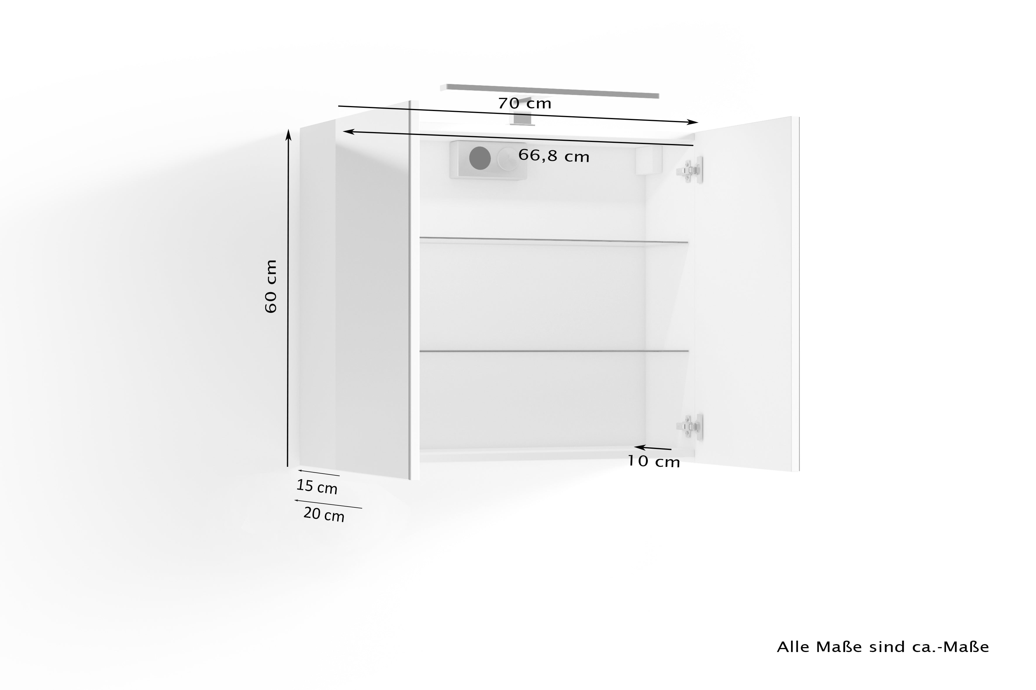 Spiegelschrank SPREE / Korpus matt weiß oder anthrazit mit Spiegeltüren / Hängeschrank mit Soft-Close-Funktion / Inklusive LED-Beleuchtung / Badschrank mit Stecker- und Schalterdose / B 70, H 60, T 20 cm