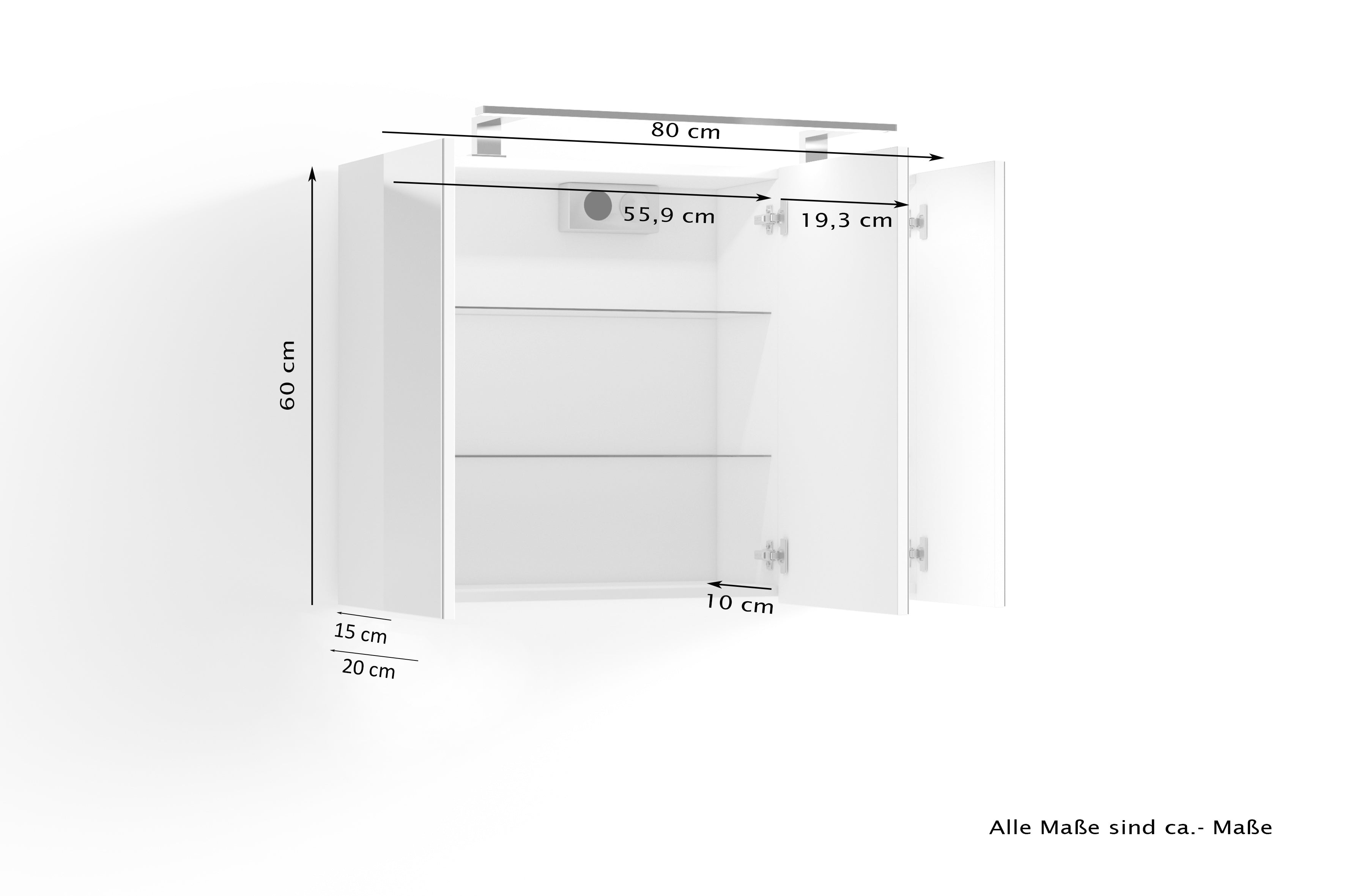 Spiegelschrank SPREE / Korpus matt weiß oder anthrazit mit Spiegeltüren / Hängeschrank mit Soft-Close-Funktion / Inklusive LED-Beleuchtung / Badschrank mit Stecker- und Schalterdose / B 80, H 60, T 20 cm