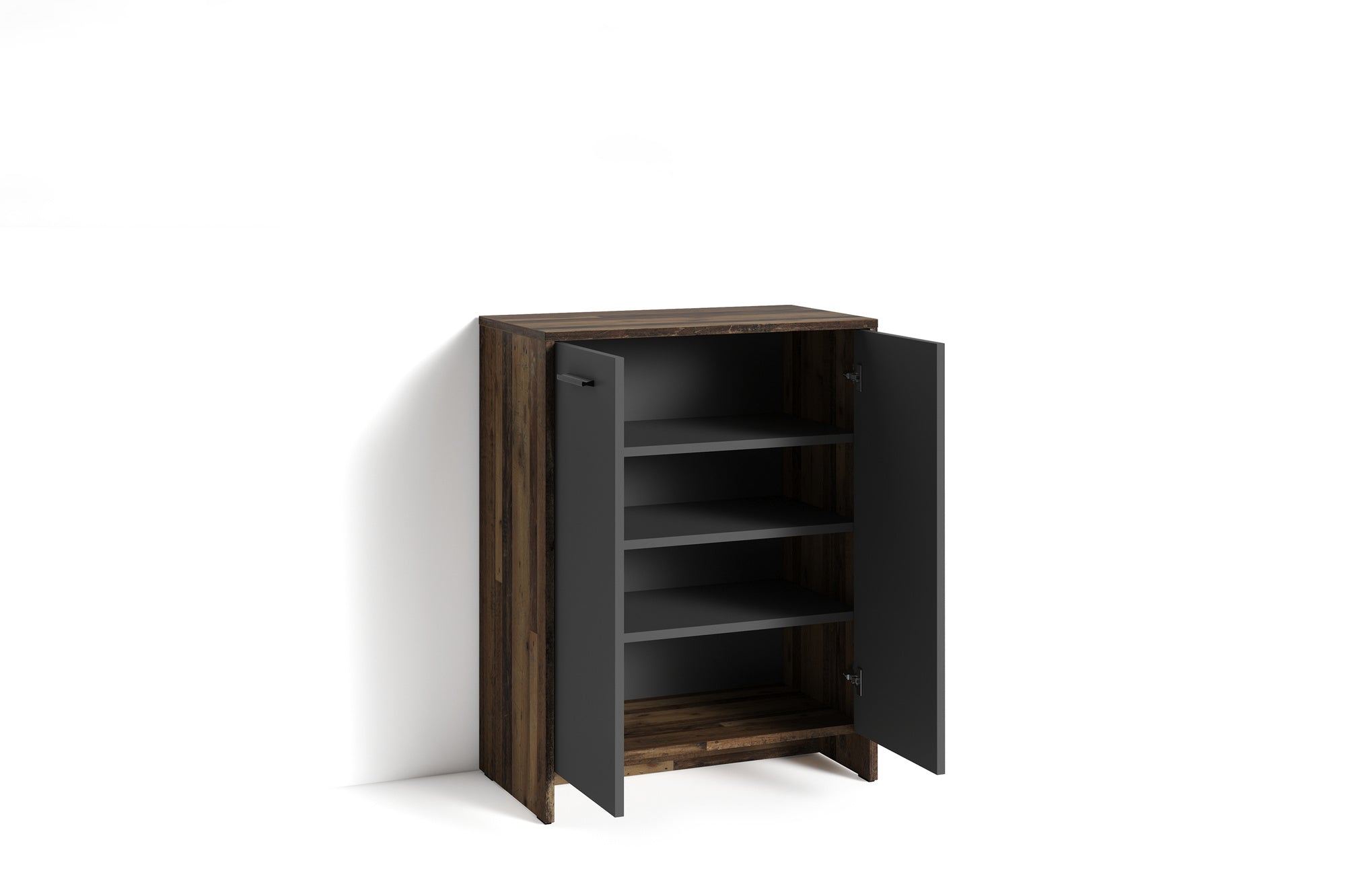 Schuhschrank BEN / Schuhkommode in Artisan Eiche (Eiche-Optik), Old Wood (Altholz-Optik) oder weiß/ kleine Flur-Kommode mit zwei Türen Einlegeböden / Sideboard klein / B 63, H 83, T 35 cm