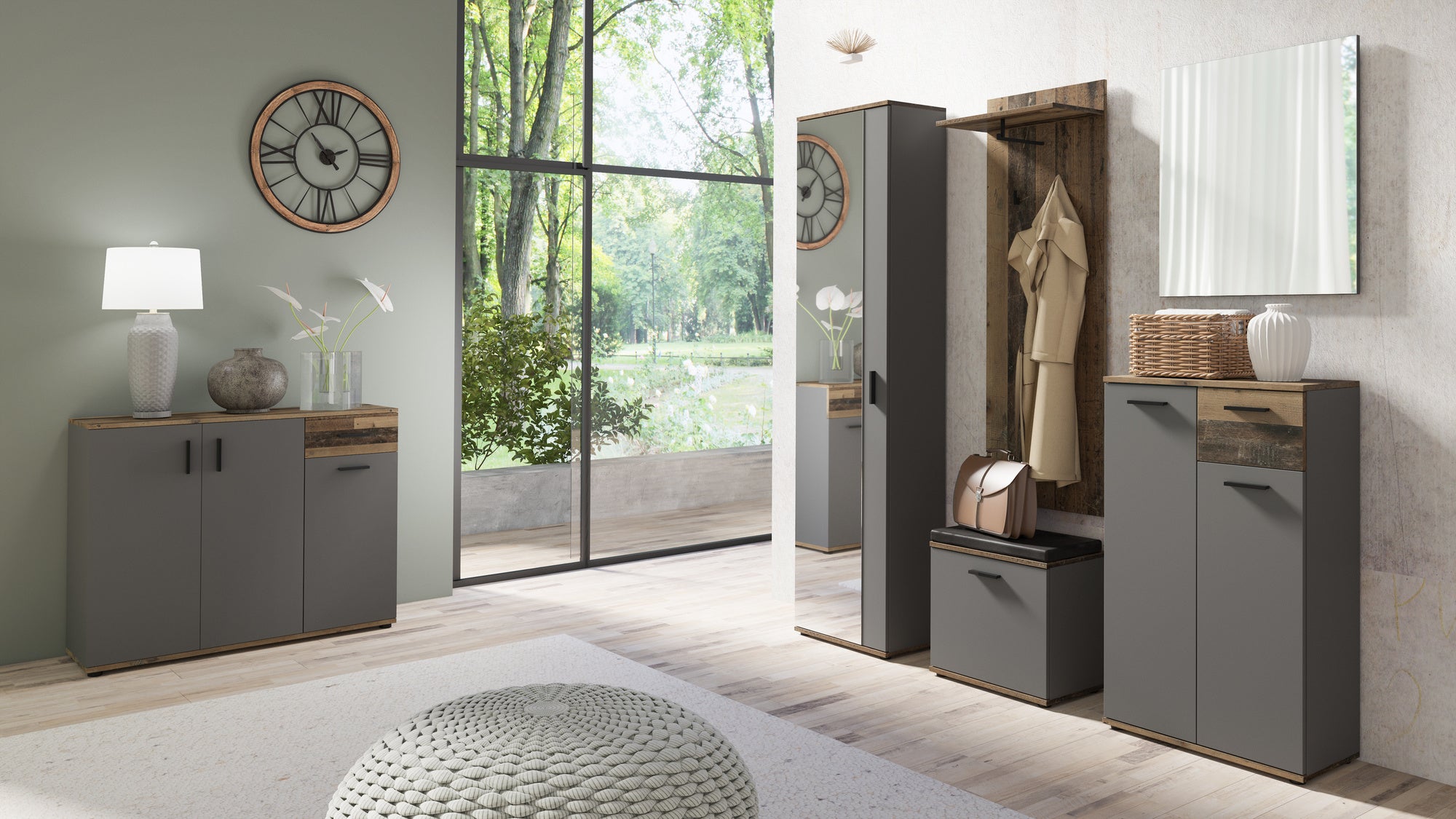 Spiegel-Schrank JAKOB / Eintüriger Hochschrank mit Spiegeltür / Artisan Eiche (Eiche-Optik), weiß oder Old Wood (Altholz-Optik) / Griffe silber oder schwarz / Tür variabel rechts oder links / 5 Fächer / Garderoben-Schrank / B 49, H 196, T 30 cm