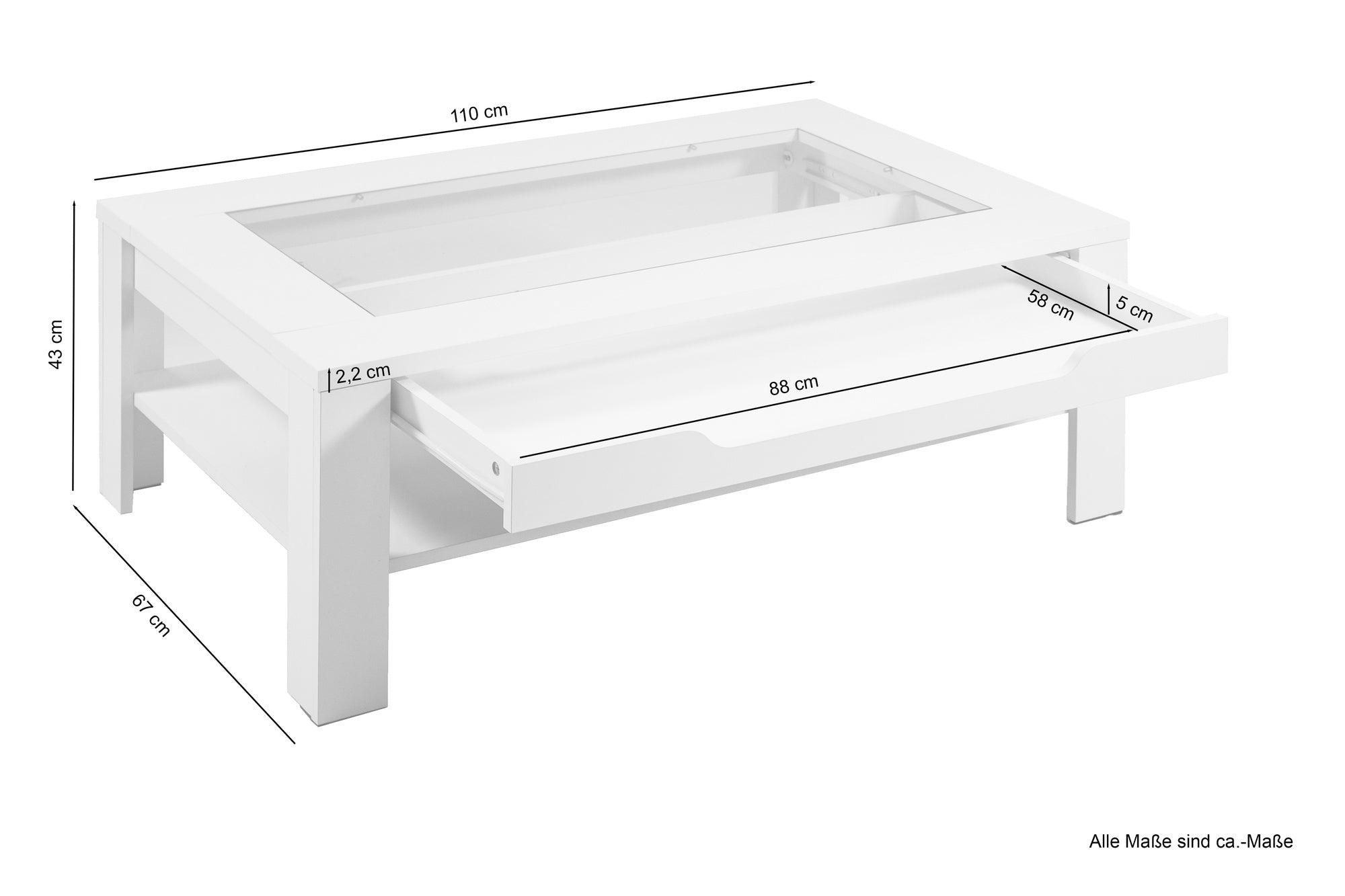 Couchtisch RALPH / moderner Sofatisch mit Glaseinlage und großzügiger Schublade in weiß, Artisan Eiche (Eiche-Optik) oder Old Wood (Altholz-Optik) / Beistelltisch mit viel Stauraum / B 110, H 43, T 67 cm