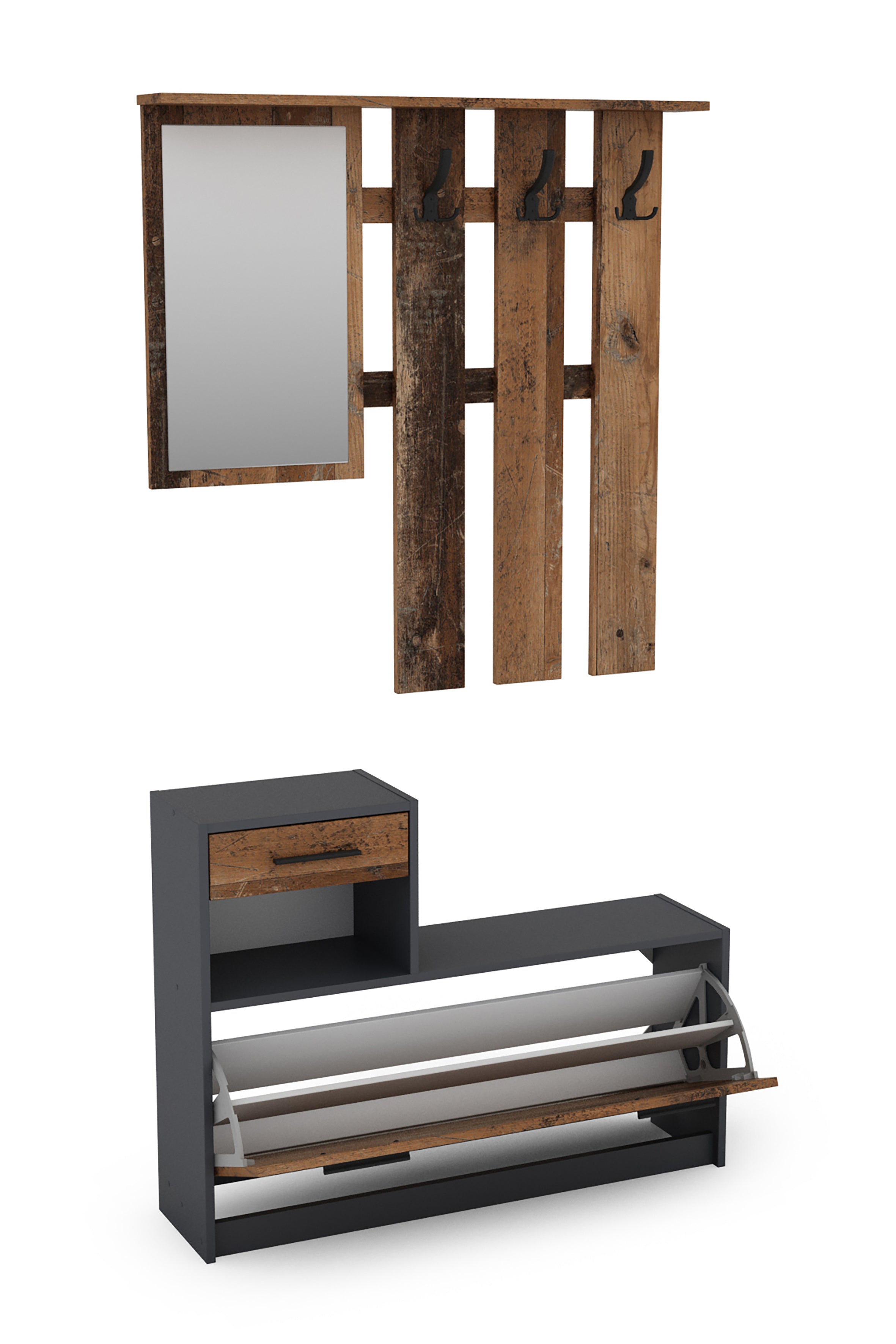 Garderoben-Set TAMINA / Kommode mit Schuhschrank + hängende Garderobe mit Spiegel / in Old Wood (Altholz-Optik), Artisan Eiche (Eiche-Optik) oder Light Atelier (Beton-Optik) / Flur-Schrank / Schränke / Regal / 100 x 190 x 25 cm (B x H x T)