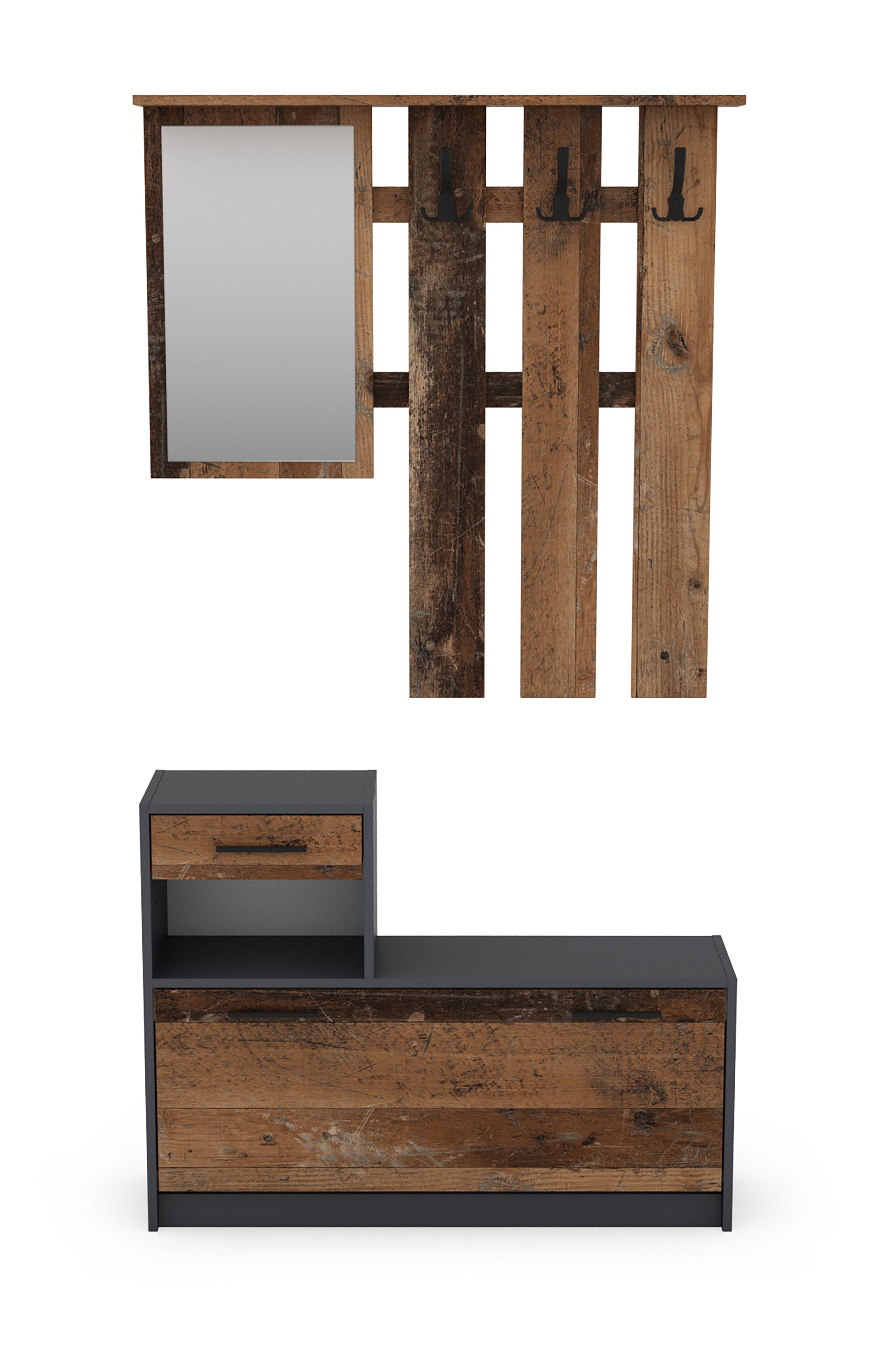 Garderoben-Set TAMINA / Kommode mit Schuhschrank + hängende Garderobe mit Spiegel / in Old Wood (Altholz-Optik), Artisan Eiche (Eiche-Optik) oder Light Atelier (Beton-Optik) / Flur-Schrank / Schränke / Regal / 100 x 190 x 25 cm (B x H x T)