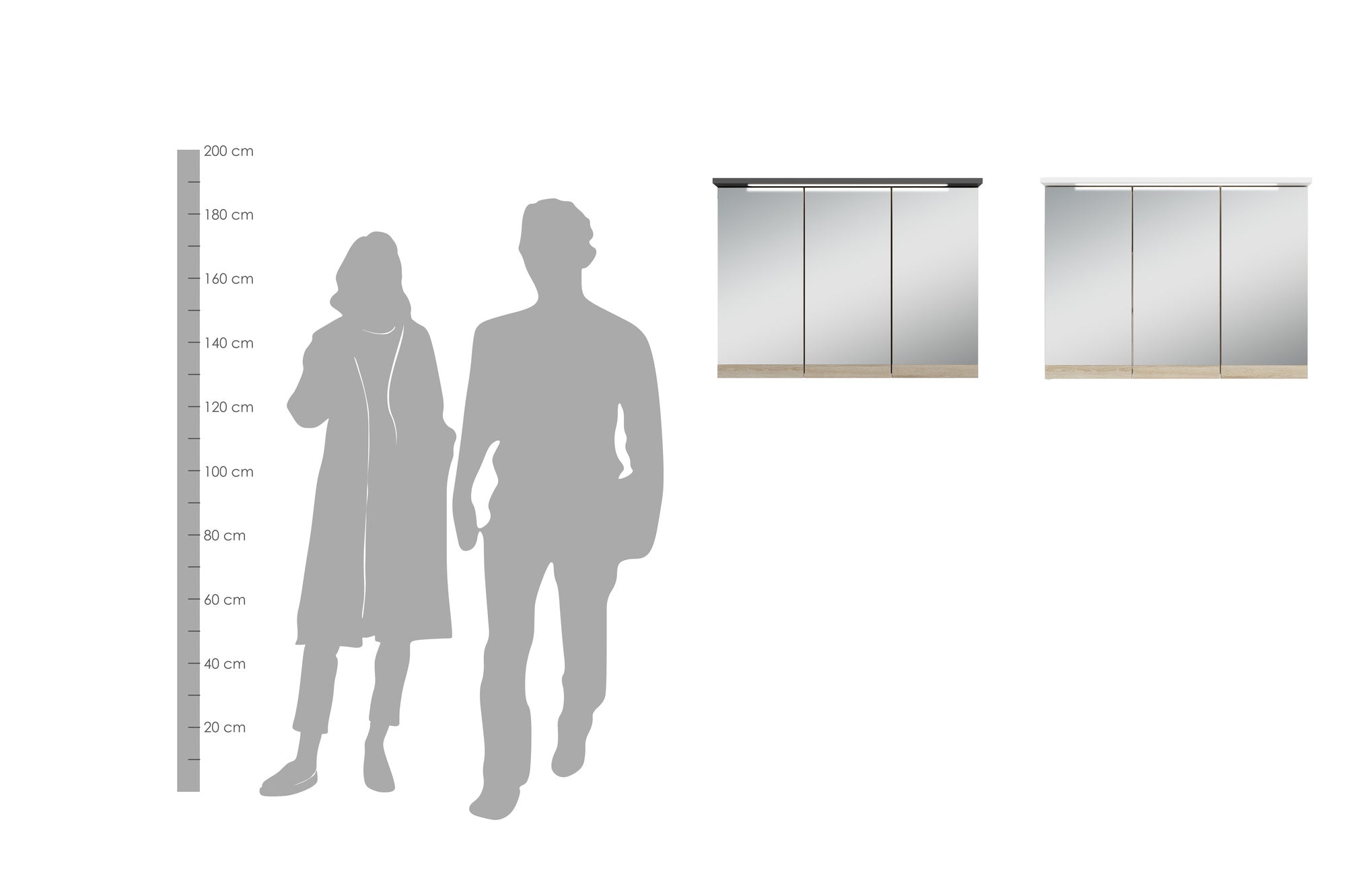 Badezimmer Spiegelschrank Marino mit LED-Beleuchtung und Steckdose / Moderner, 3-türiger Spiegel Hängeschrank in schnee-weiß matt und Absetzung Sonoma Eiche / Wandschrank mit Spiegeltüren / B 80, H 60, T 20 cm