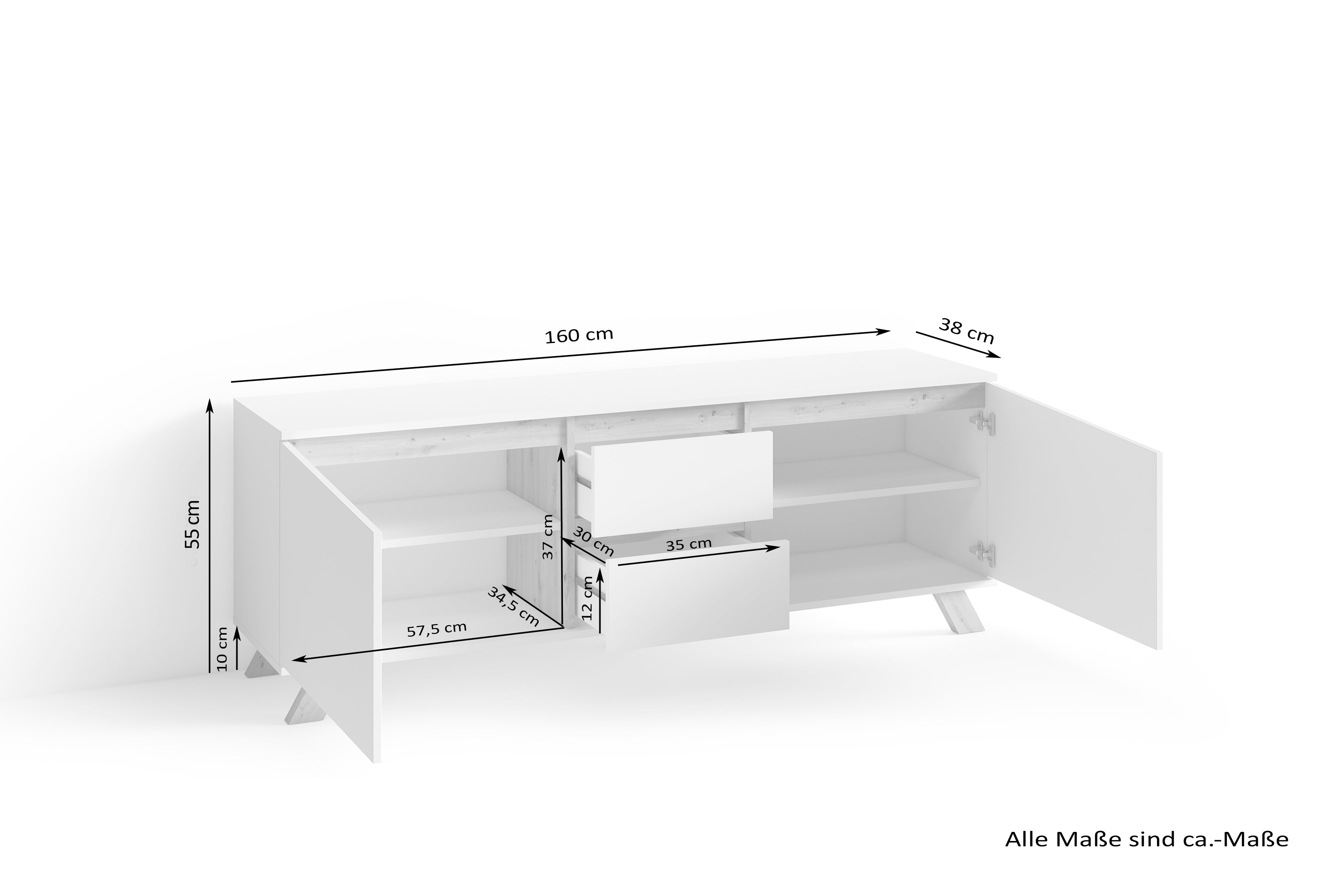 TV-Board VALENTIN / Lowboard matt weiß oder anthrazit mit Absetzung in Eiche-Optik / Fernsehtisch mit 2 Türen und 2 Schubkästen / Fernsehschrank im Scandi-Style / Grifflos / B 160, H 60, T 38 cm