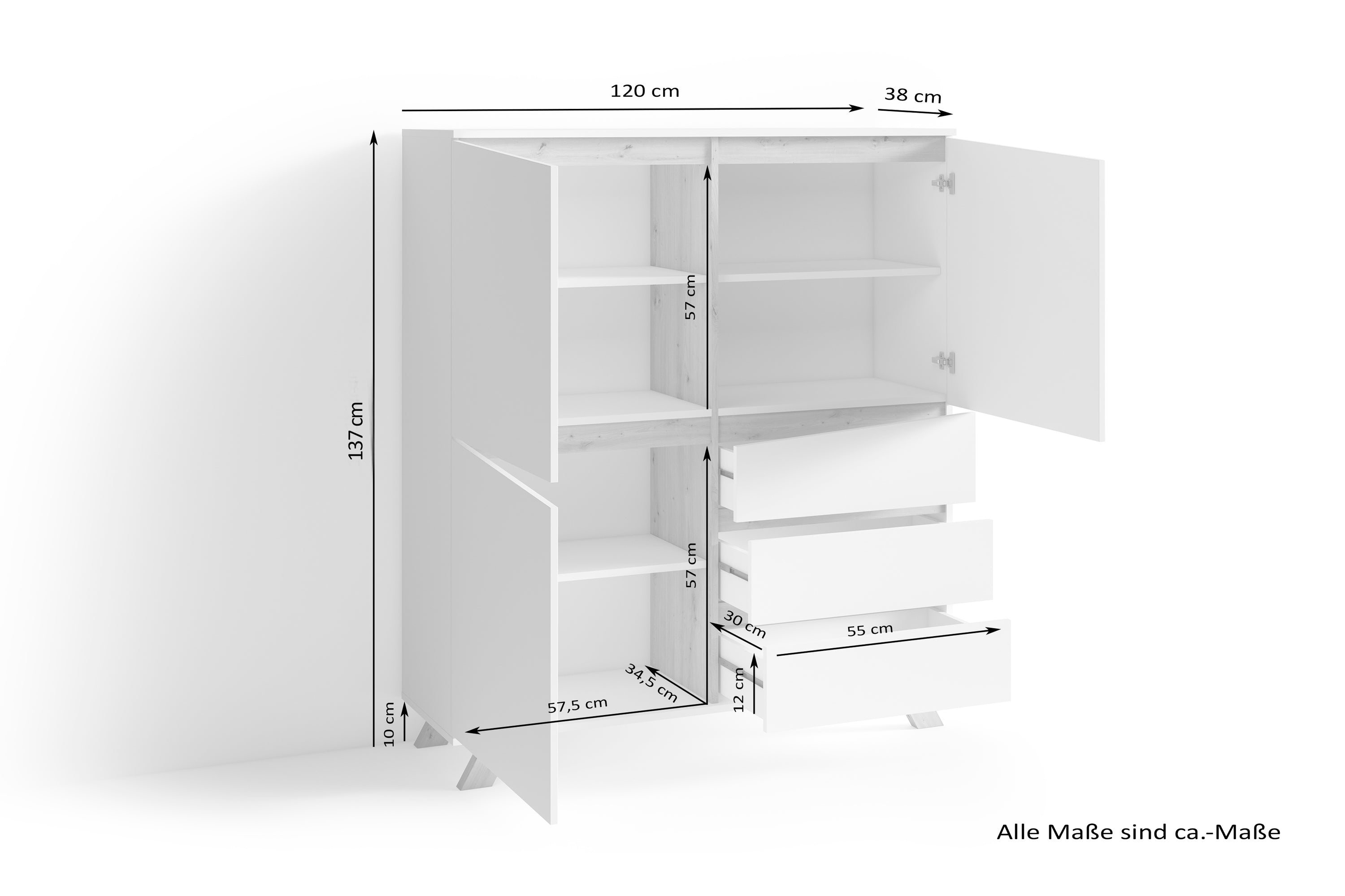 Highboard VALENTIN / Sideboard matt weiß oder anthrazit mit Absetzung in Eiche-Optik / Wohnzimmer-Schrank mit 3 Türen und 3 Schubkästen / Im Scandi-Style / Grifflos / B 120, H 137, T 38 cm