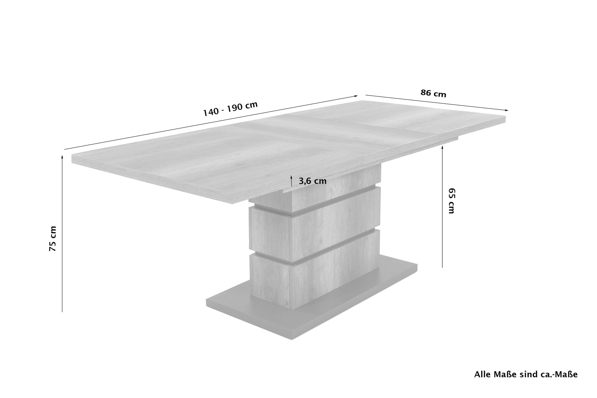 Auszugs-Tisch BEA / Esstisch ausziehbar in Eiche-Optik hell-braun / Esszimmer-Tisch mit Applikationen und Bodenplatte anthrazit / Küchen-Tisch mit Standfuß / 140-190 x 86, H 75 cm