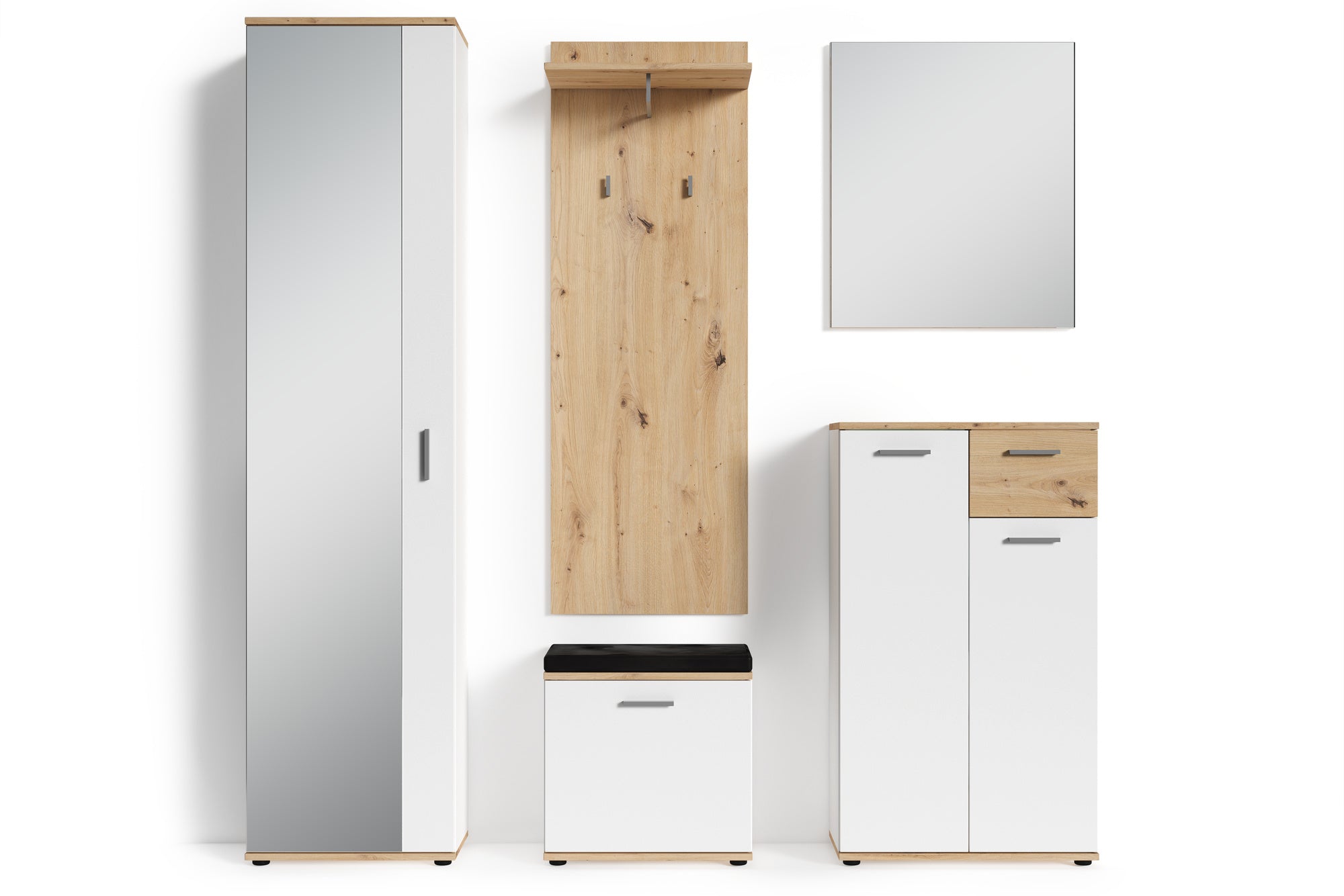 Spiegel-Schrank JAKOB / Eintüriger Hochschrank mit Spiegeltür / Artisan Eiche (Eiche-Optik), weiß oder Old Wood (Altholz-Optik) / Griffe silber oder schwarz / Tür variabel rechts oder links / 5 Fächer / Garderoben-Schrank / B 49, H 196, T 30 cm