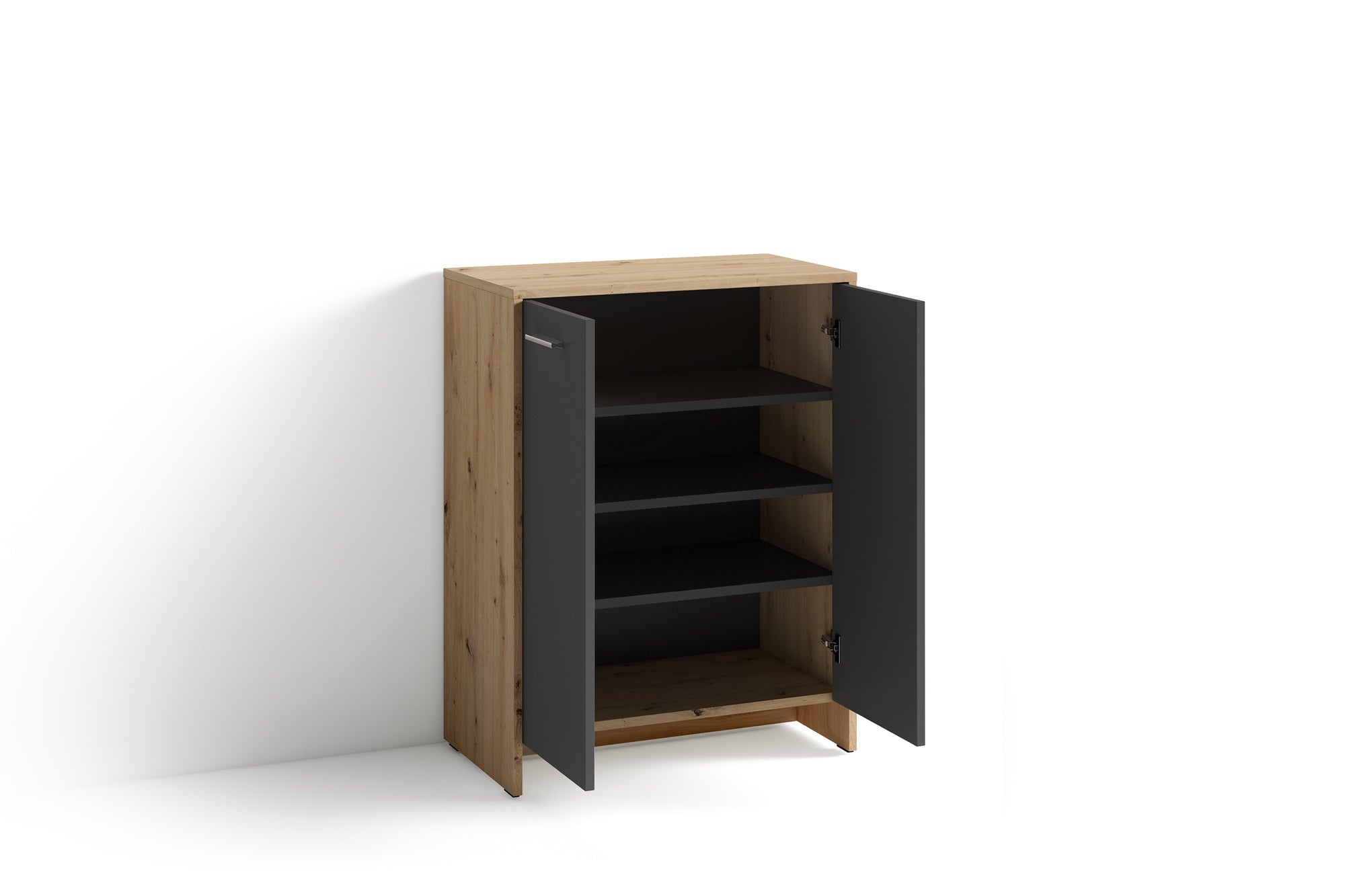 Schuhschrank BEN / Schuhkommode in Artisan Eiche (Eiche-Optik), Old Wood (Altholz-Optik) oder weiß/ kleine Flur-Kommode mit zwei Türen Einlegeböden / Sideboard klein / B 63, H 83, T 35 cm
