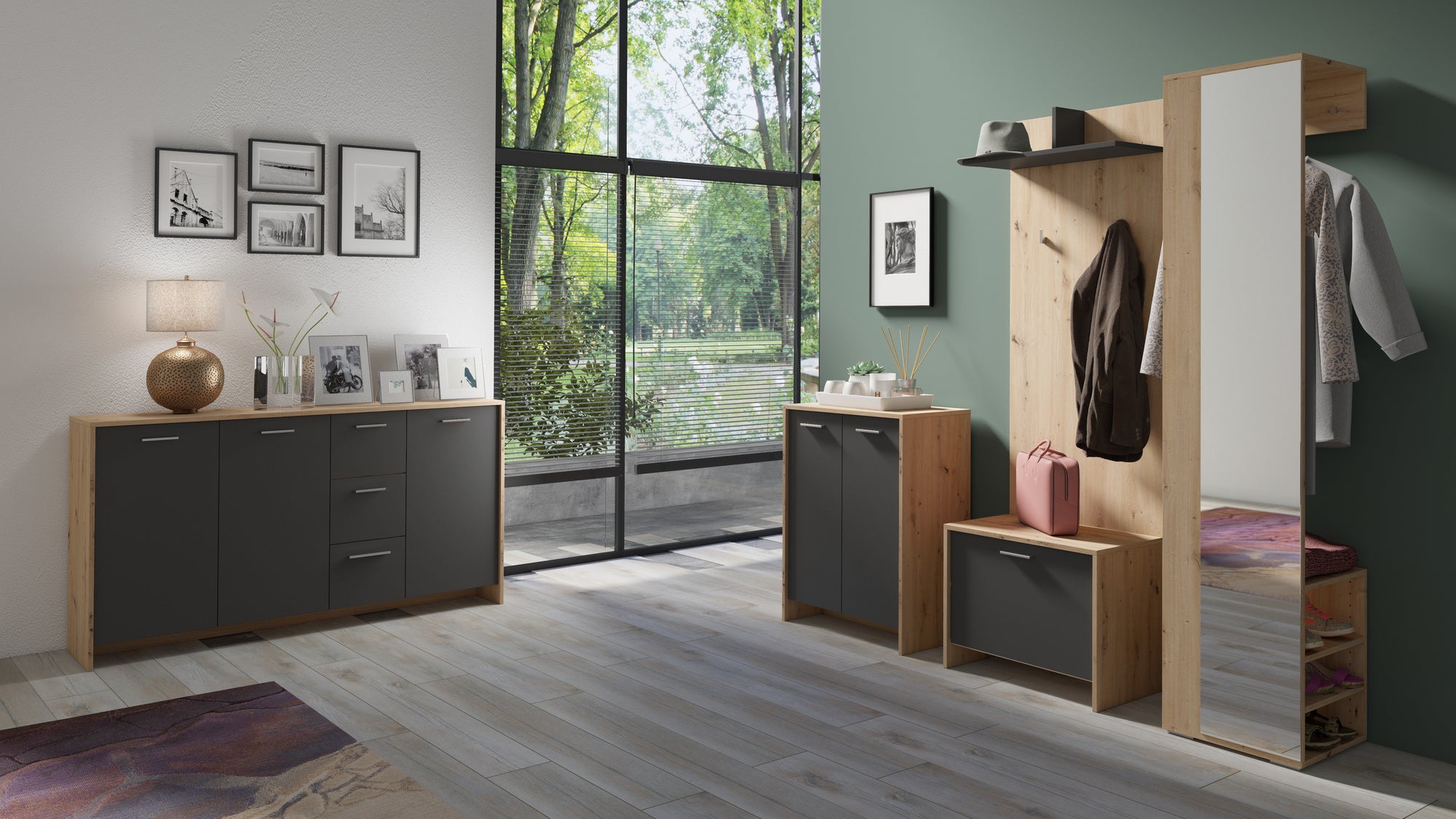 Flurgarderobe BEN / Garderobe Artisan Eiche (Eiche-Optik), Old Wood (Altholz-Optik), weiß oder anthrazit / mit Spiegel / Spiegelschrank für den Flur mit Kleiderstange und Ablage / B 40, H 184, T 35 cm