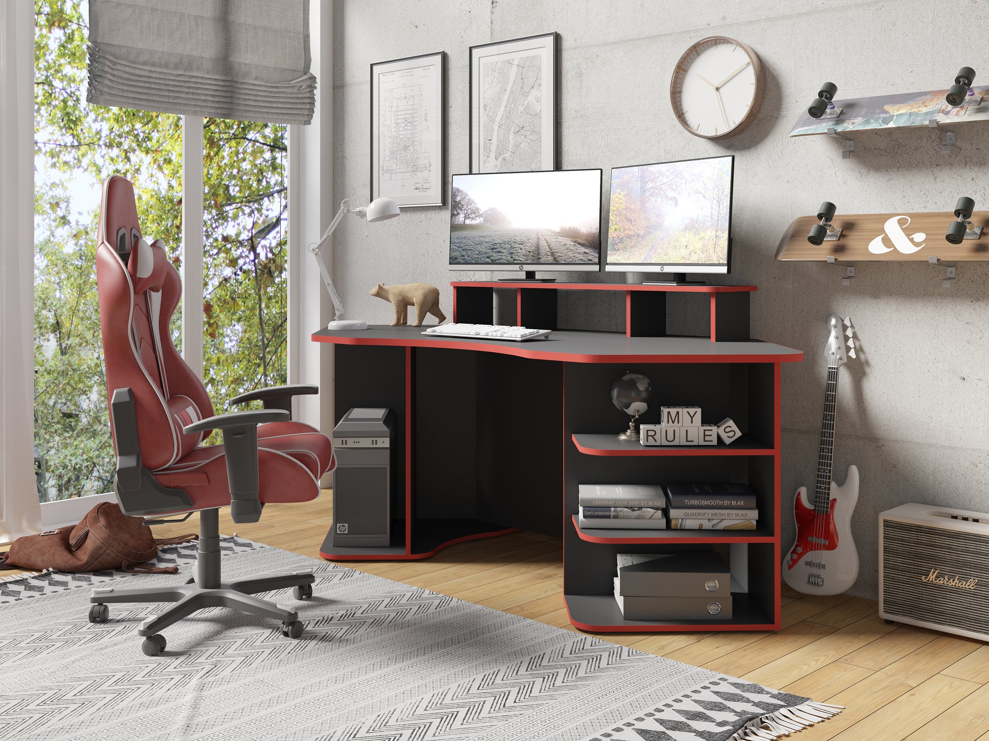 Schreibtisch THANATOS / Gaming-Tisch in Schwarz mit Kanten in rot, weiß oder schwarz / Eck-Schreibtisch mit viel Stauraum und XXL Tischplatte / Computer-Tisch / mit Ausatz / 198x76x85cm (BxHxT)