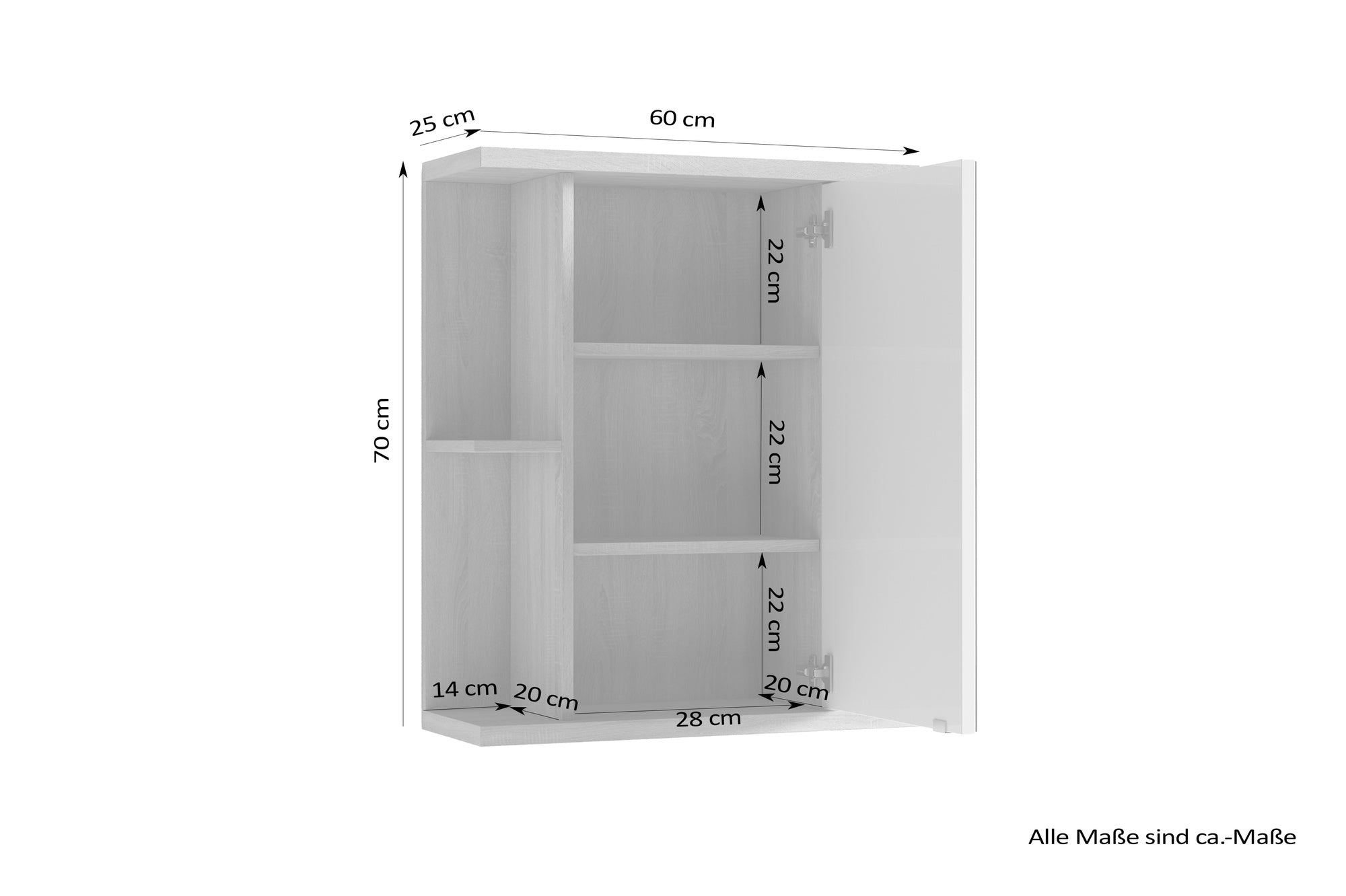 Badezimmer Spiegelschrank NEBRASKA mit Spiegeltür / Moderner, 1-türiger Spiegel Hängeschrank in anthrazit, Sonoma Eiche (Eiche-Optik) oder weiß / B 60, H 70, T 25m / mit viel Stauraum
