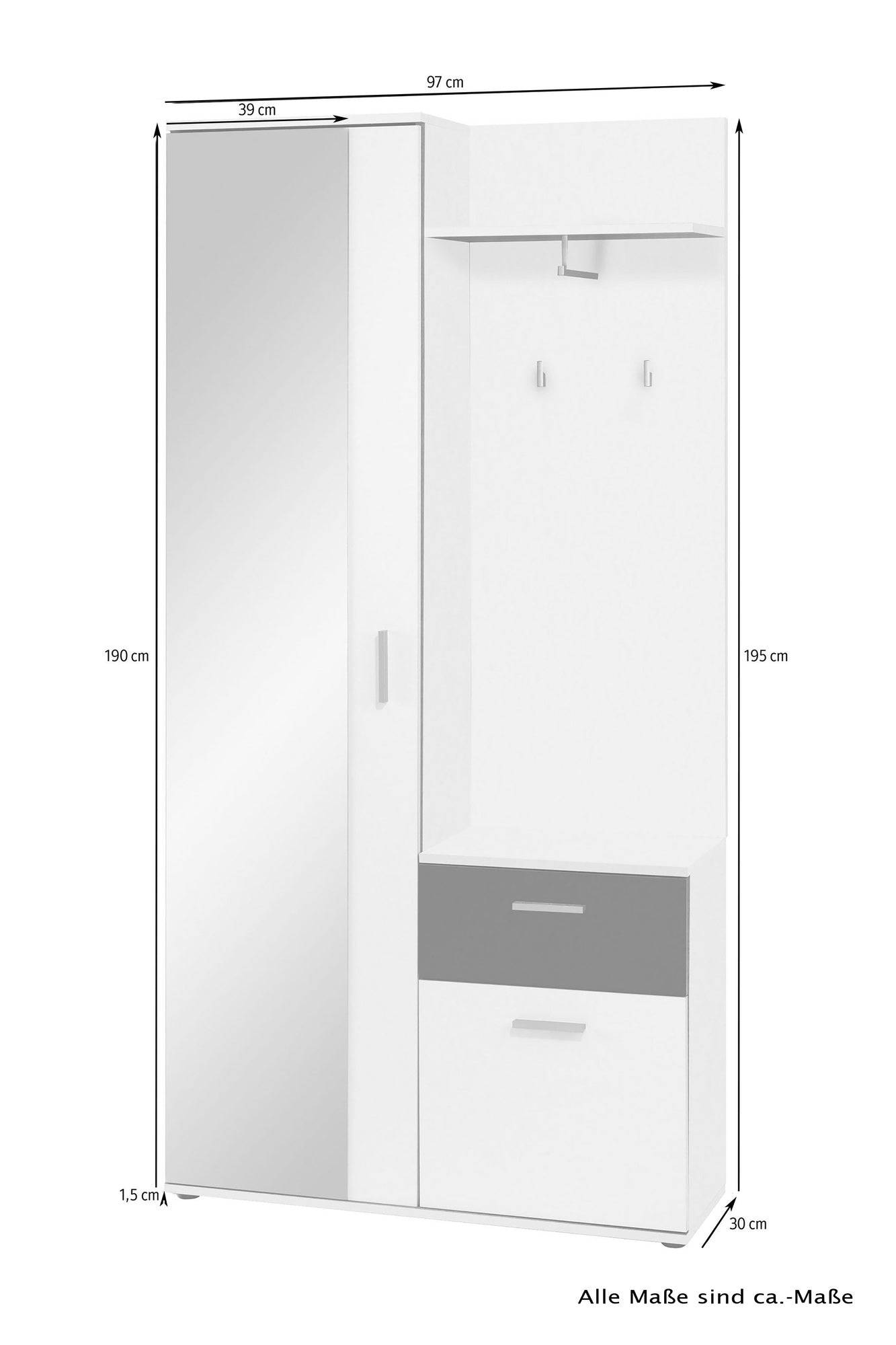 Kompakt-Garderobe JAKOB / in Old Wood (Altholz-Optik), Artisan Eiche (Eiche-Optik) oder weiß / Garderobe mit großer Spiegeltür / Fest montiertes Set / Kommode / Schuh-Schrank / B 97, H 195, T 30 cm