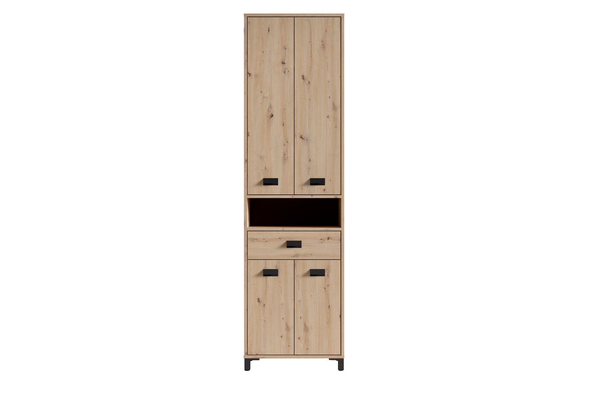 Badezimmer-Hochschrank WELLNESS in Artisan Eiche, Griffe aus Metall in schwarz / Badezimmerschrank 4 Türen mit offenen Elementen & viel Stauraum / B 54, H 193, T 31 cm