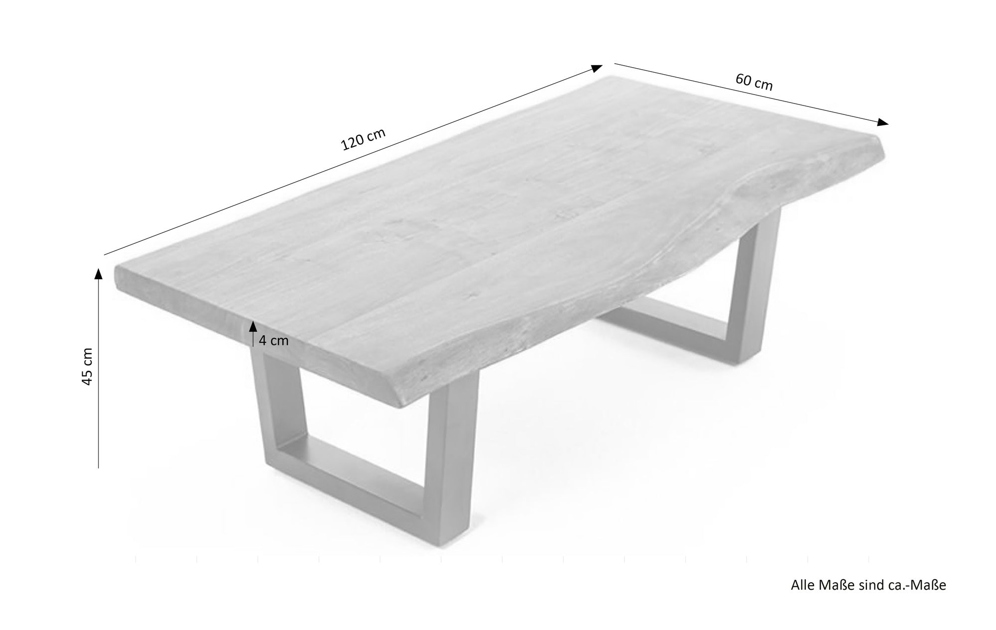 Couchtisch JUDY / Akazie natur, Metall schwarz / B 120, H 45, T 60 cm / mit Baumkante