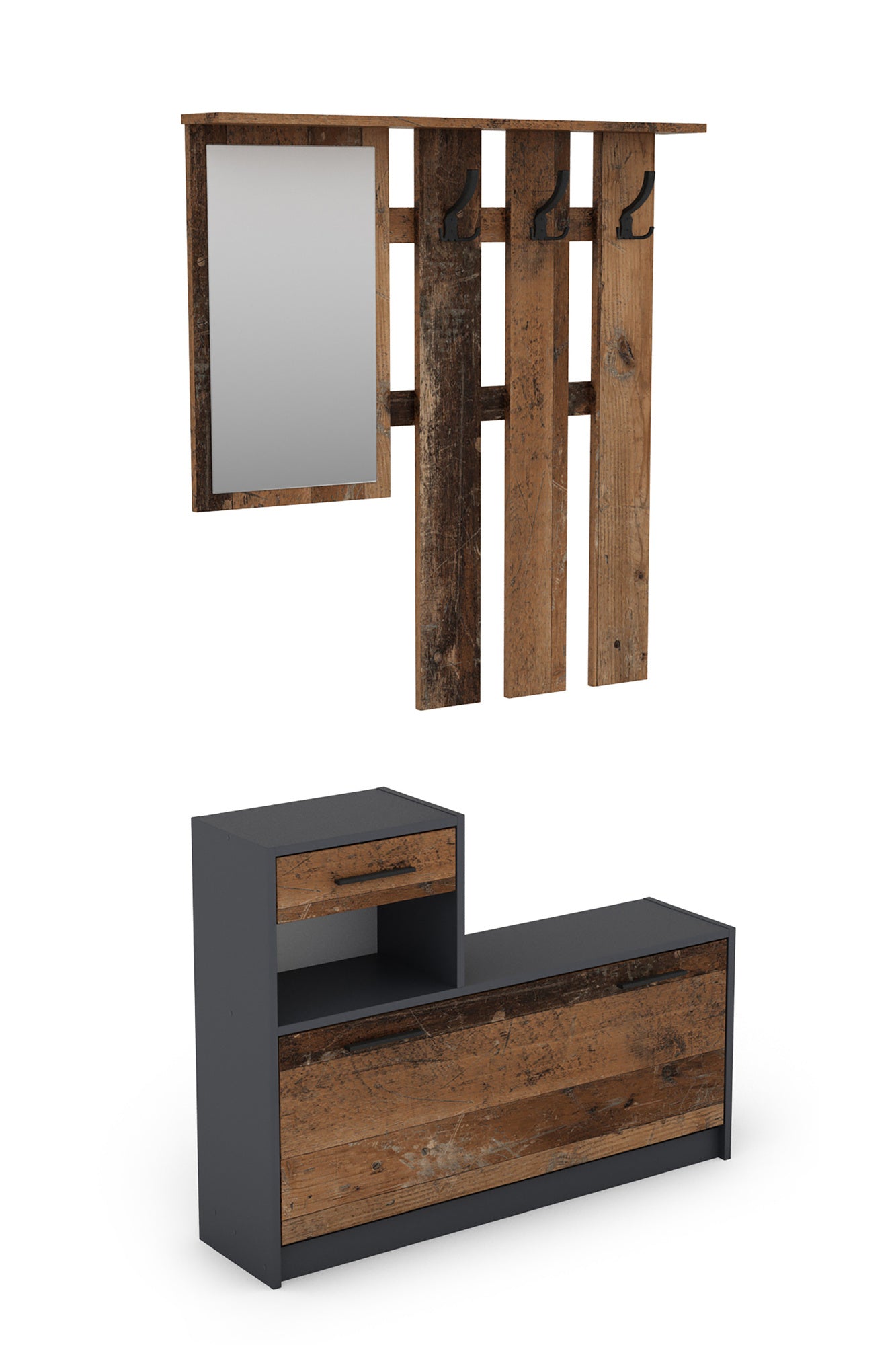 Garderoben-Set TAMINA / Kommode mit Schuhschrank + hängende Garderobe mit Spiegel / in Old Wood (Altholz-Optik), Artisan Eiche (Eiche-Optik) oder Light Atelier (Beton-Optik) / Flur-Schrank / Schränke / Regal / 100 x 190 x 25 cm (B x H x T)