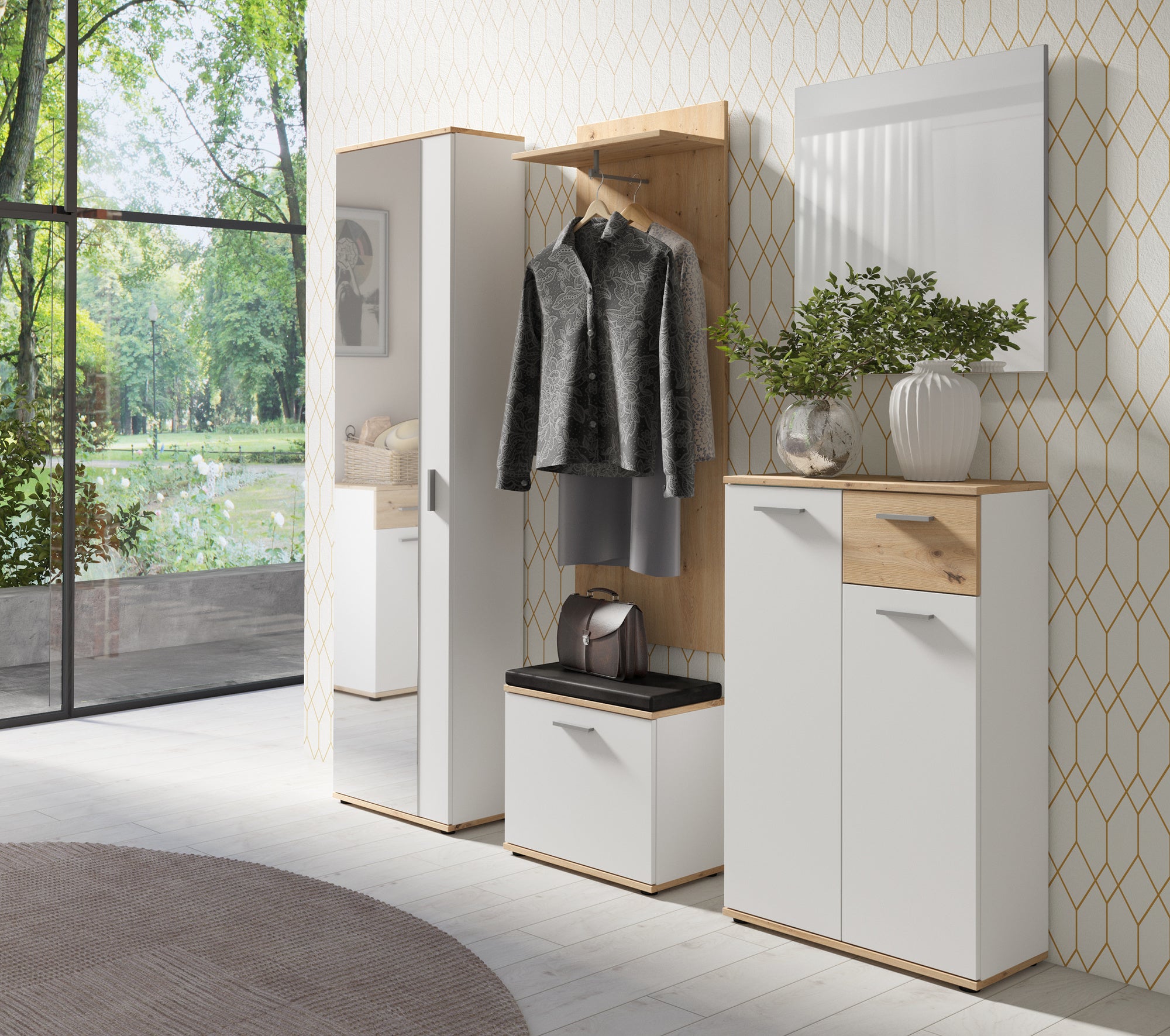 Wandpaneel JAKOB / Garderoben-Paneel in Artisan Eiche (Eiche-Optik), weiß oder Old Wood (Altholz-Optik) mit Melamin-Beschichtung / Kleiderstange, 2 Haken und Regal / Platzsparende Wandgarderobe / Garderoben-Set / B 48, H 140, T 28 cm