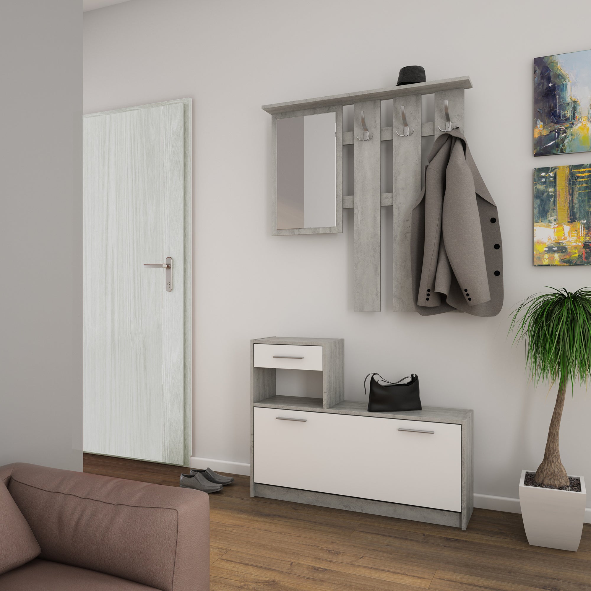 Garderoben-Set TAMINA / Kommode mit Schuhschrank + hängende Garderobe mit Spiegel / in Old Wood (Altholz-Optik), Artisan Eiche (Eiche-Optik) oder Light Atelier (Beton-Optik) / Flur-Schrank / Schränke / Regal / 100 x 190 x 25 cm (B x H x T)