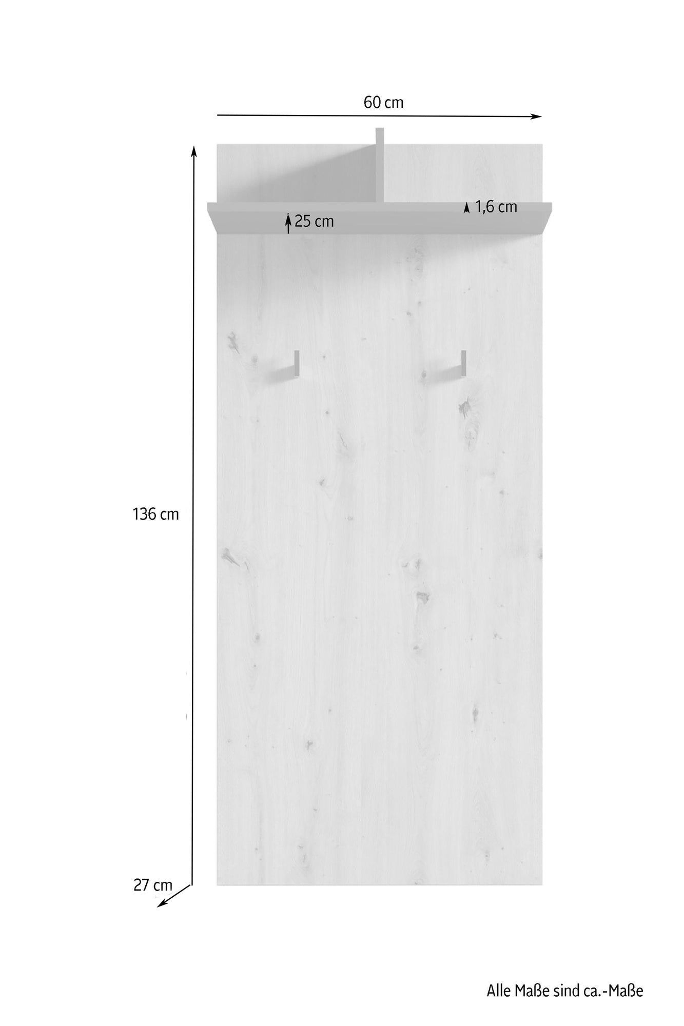 Wandpaneele BEN / Garderobe in Artisan Eiche (Eiche-Optik), Old Wood (Altholz-Optik) oder weiß / mit zwei Kleiderhaken und Hutablage / Flurgarderobe für die Wand / B 60, H 136, T 27 cm