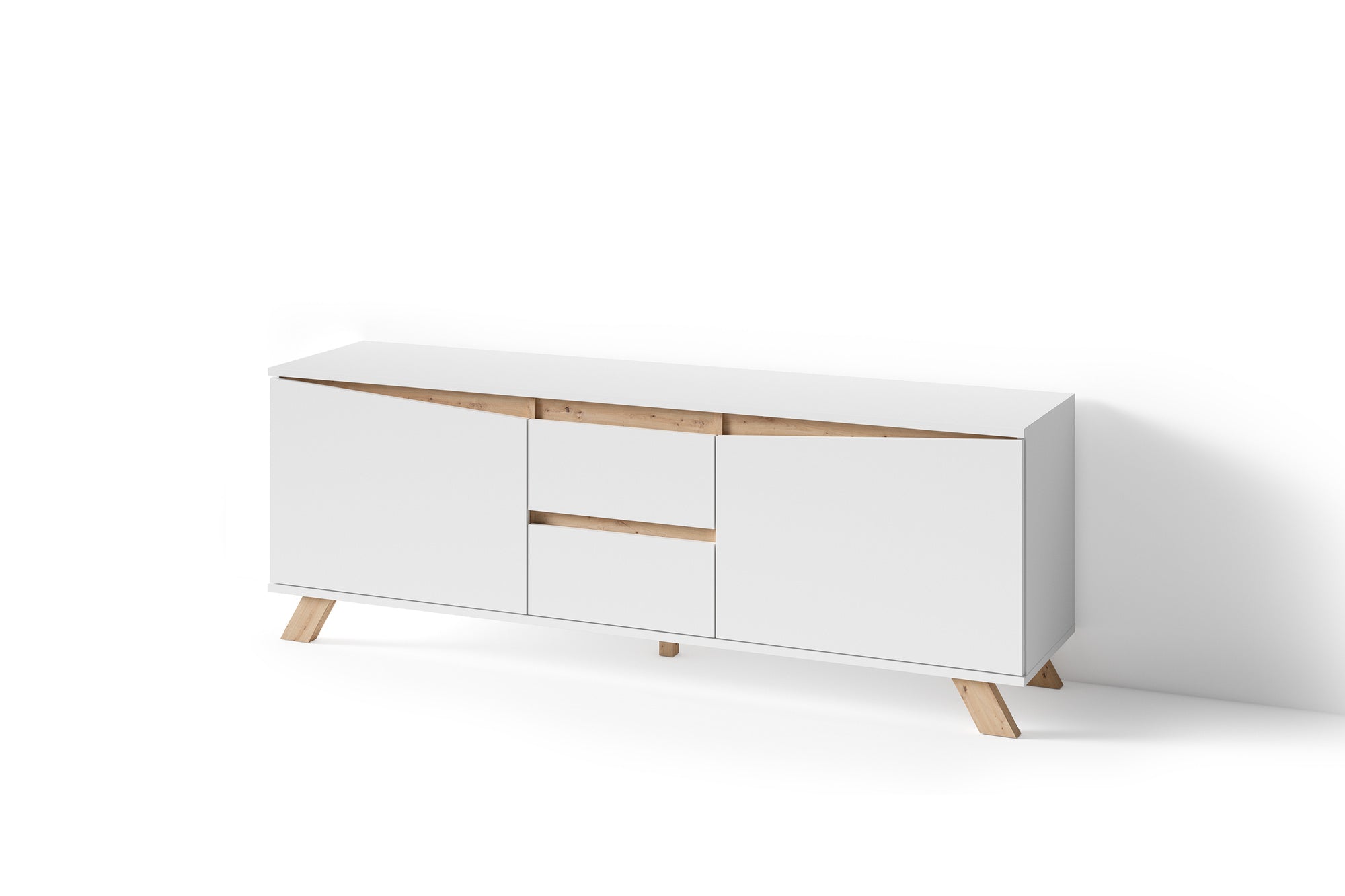TV-Board VALENTIN / Lowboard matt weiß oder anthrazit mit Absetzung in Eiche-Optik / Fernsehtisch mit 2 Türen und 2 Schubkästen / Fernsehschrank im Scandi-Style / Grifflos / B 160, H 60, T 38 cm