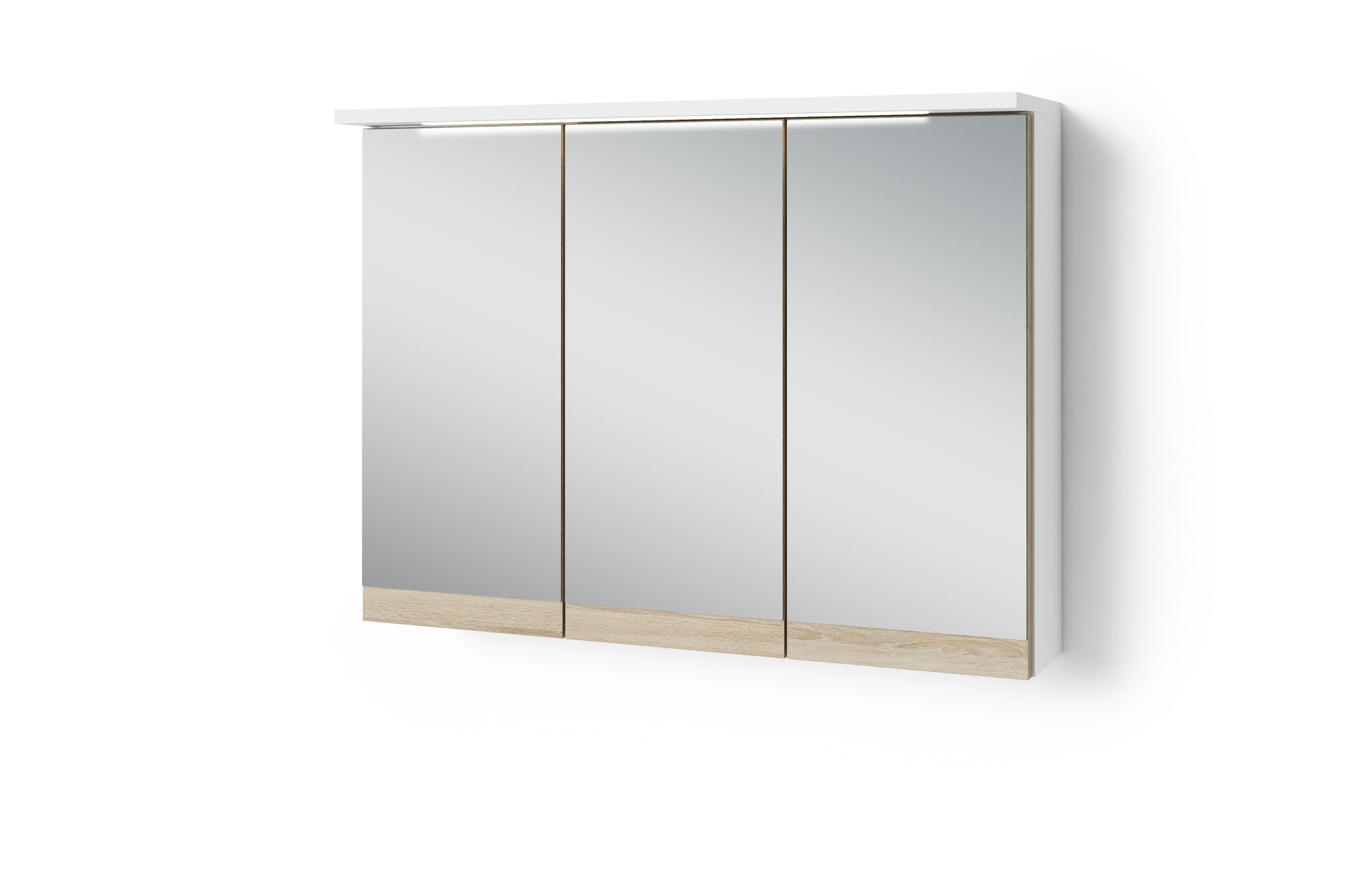 Badezimmer Spiegelschrank Marino mit LED-Beleuchtung und Steckdose / Moderner, 3-türiger Spiegel Hängeschrank in schnee-weiß matt und Absetzung Sonoma Eiche / Wandschrank mit Spiegeltüren / B 80, H 60, T 20 cm
