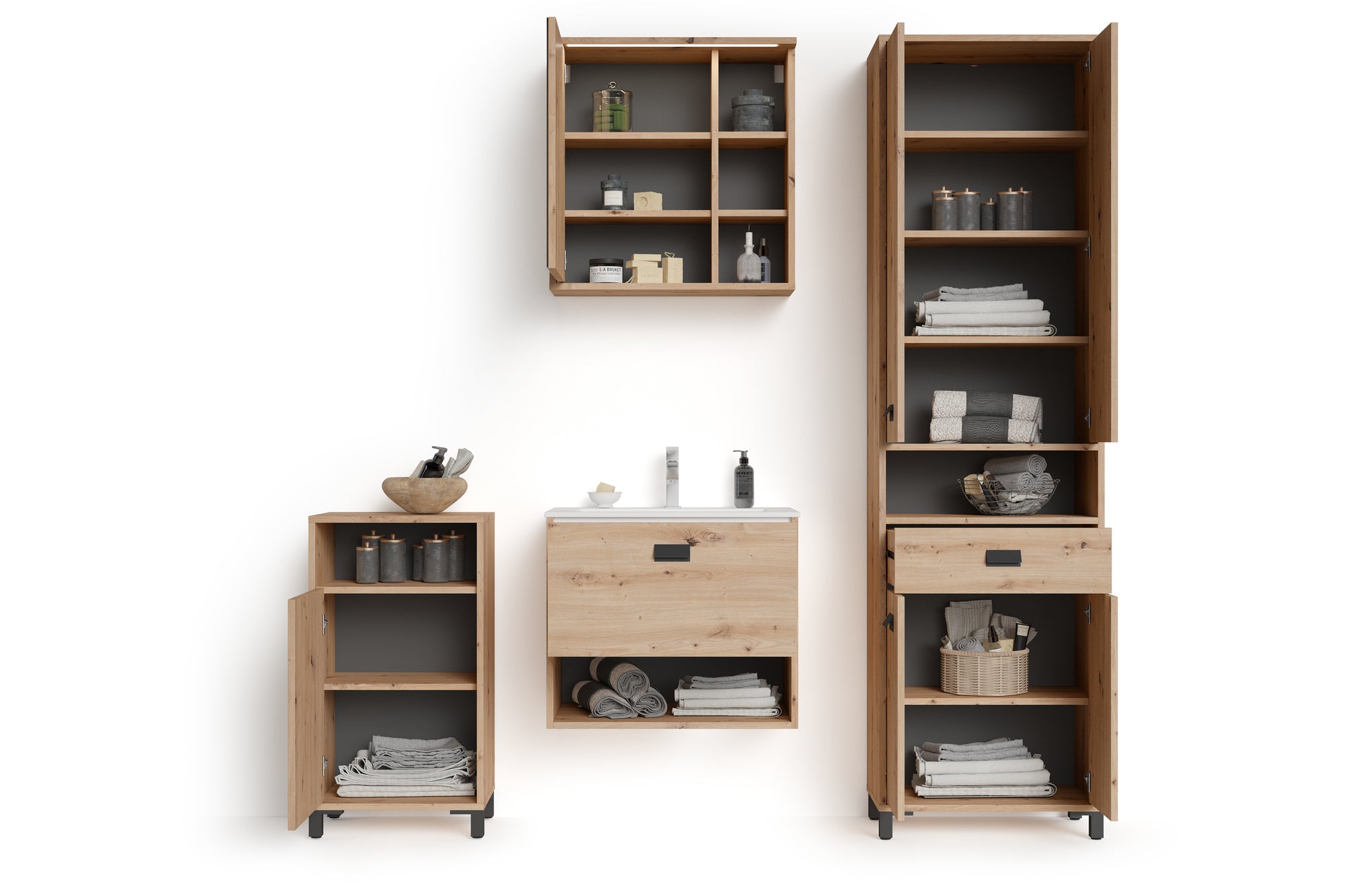 Badezimmer Seitenschrank WELLNESS in Artisan Eiche, Griff aus Metall in schwarz / Badschrank mit einem offenen Fach und einer Tür / B 42, H 77,5, T 31 cm