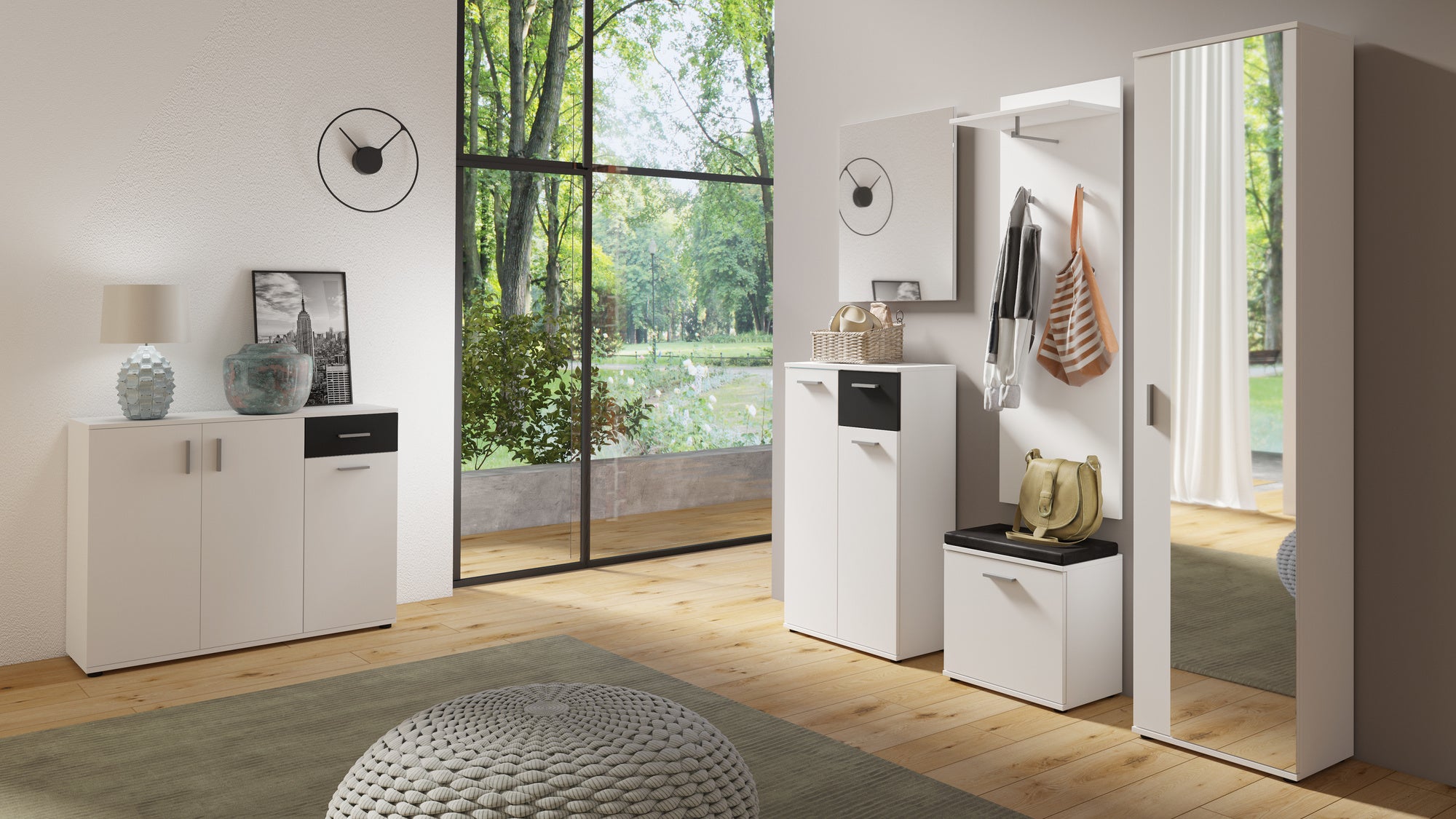 Sitzbank JAKOB / Hocker in Artisan Eiche (Eiche-Optik), schwarz oder Old Wood (Altholz-Optik) mit schwarzem Kunstleder Sitzkissen / Schuhschrank mit Tür / zwei Fächer / Garderoben-Kommode / Schuh-Bank / B 48,5 H 49, T 30 cm