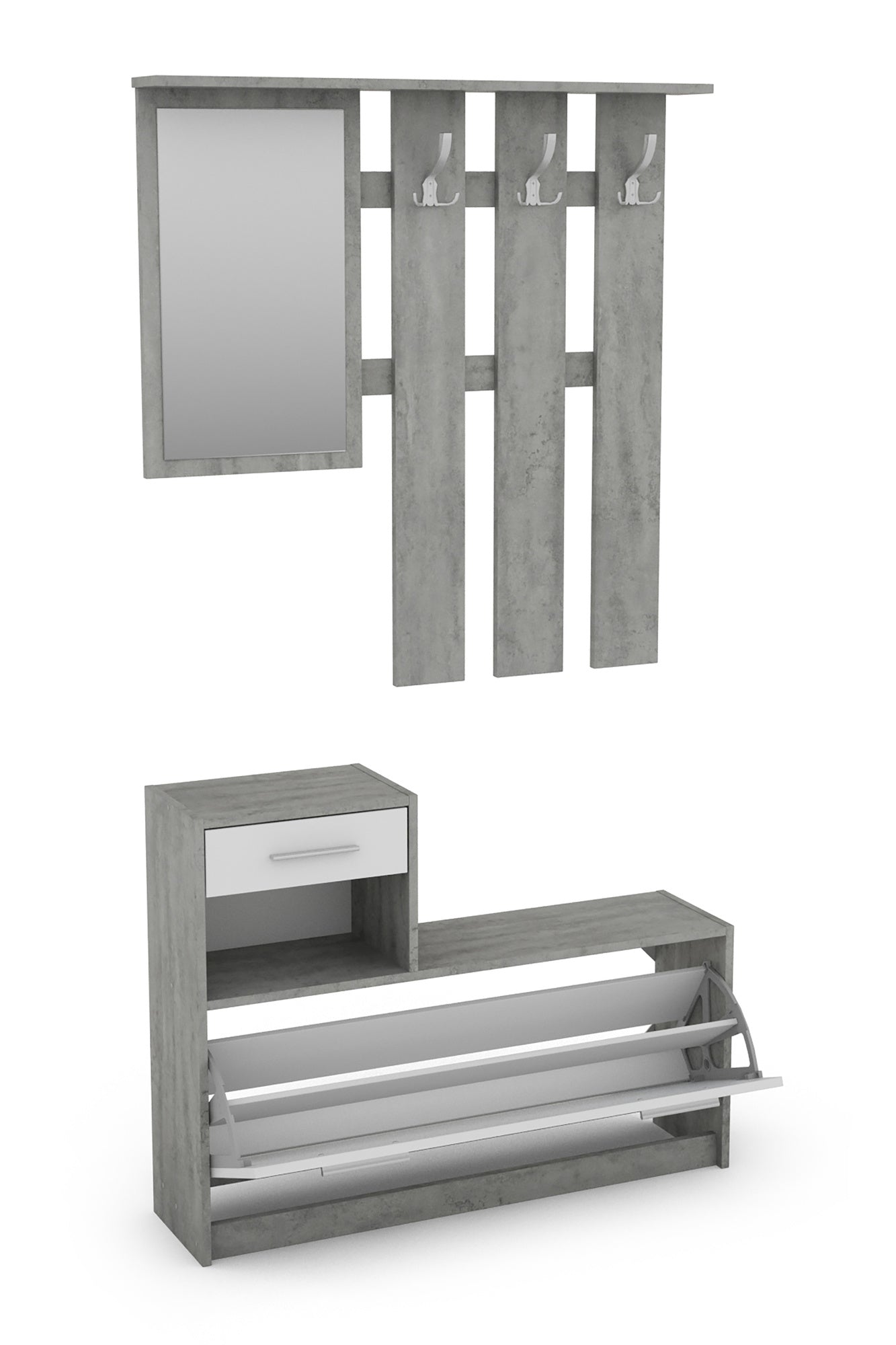 Garderoben-Set TAMINA / Kommode mit Schuhschrank + hängende Garderobe mit Spiegel / in Old Wood (Altholz-Optik), Artisan Eiche (Eiche-Optik) oder Light Atelier (Beton-Optik) / Flur-Schrank / Schränke / Regal / 100 x 190 x 25 cm (B x H x T)