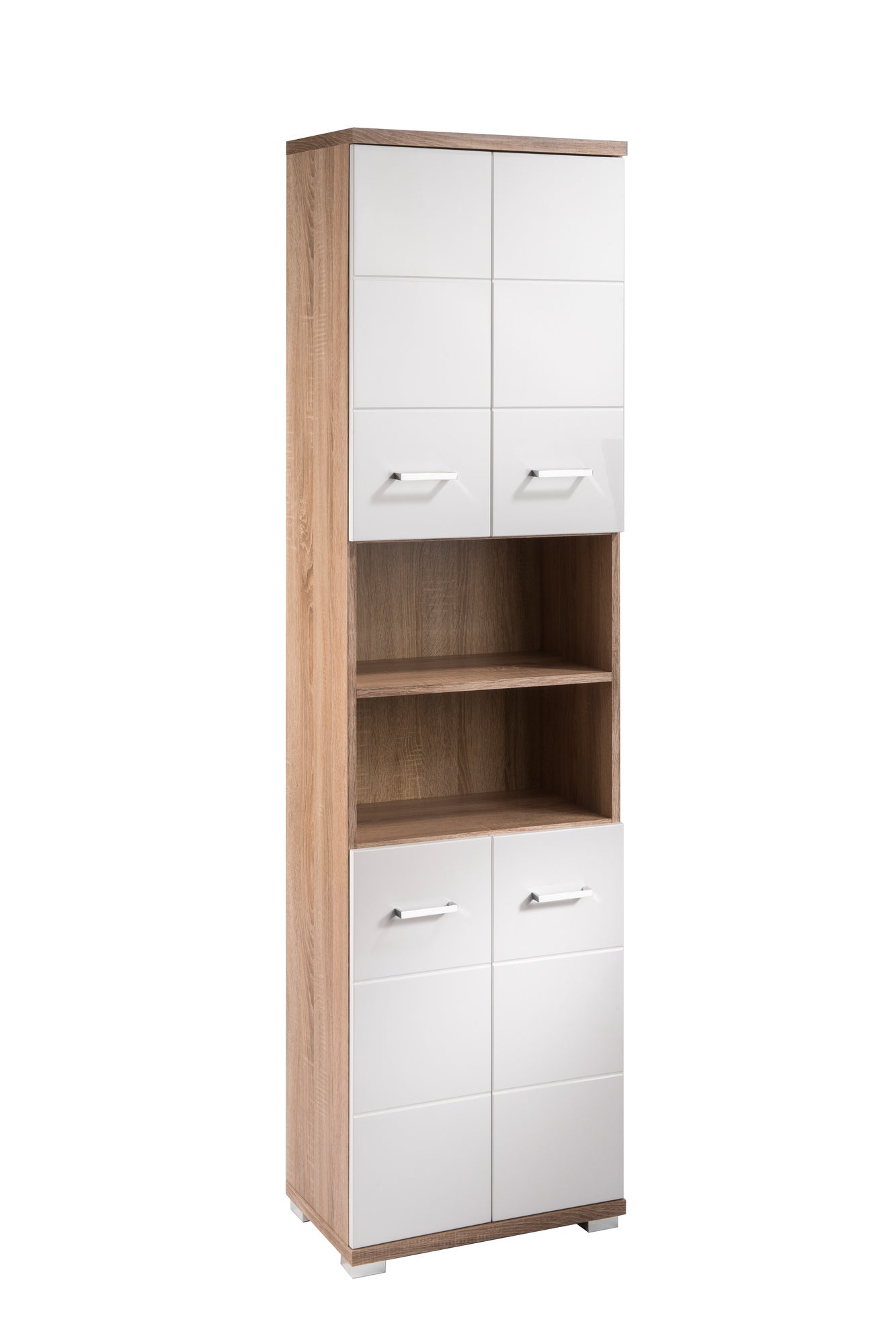 Badezimmer-Hochschrank NEBRASKA / in anthrazit, Sonoma Eiche (Eiche-Optik) oder weiß / B 50, H 192, T 31,5 cm / 4 Türen mit offenen Elementen & viel Stauraum