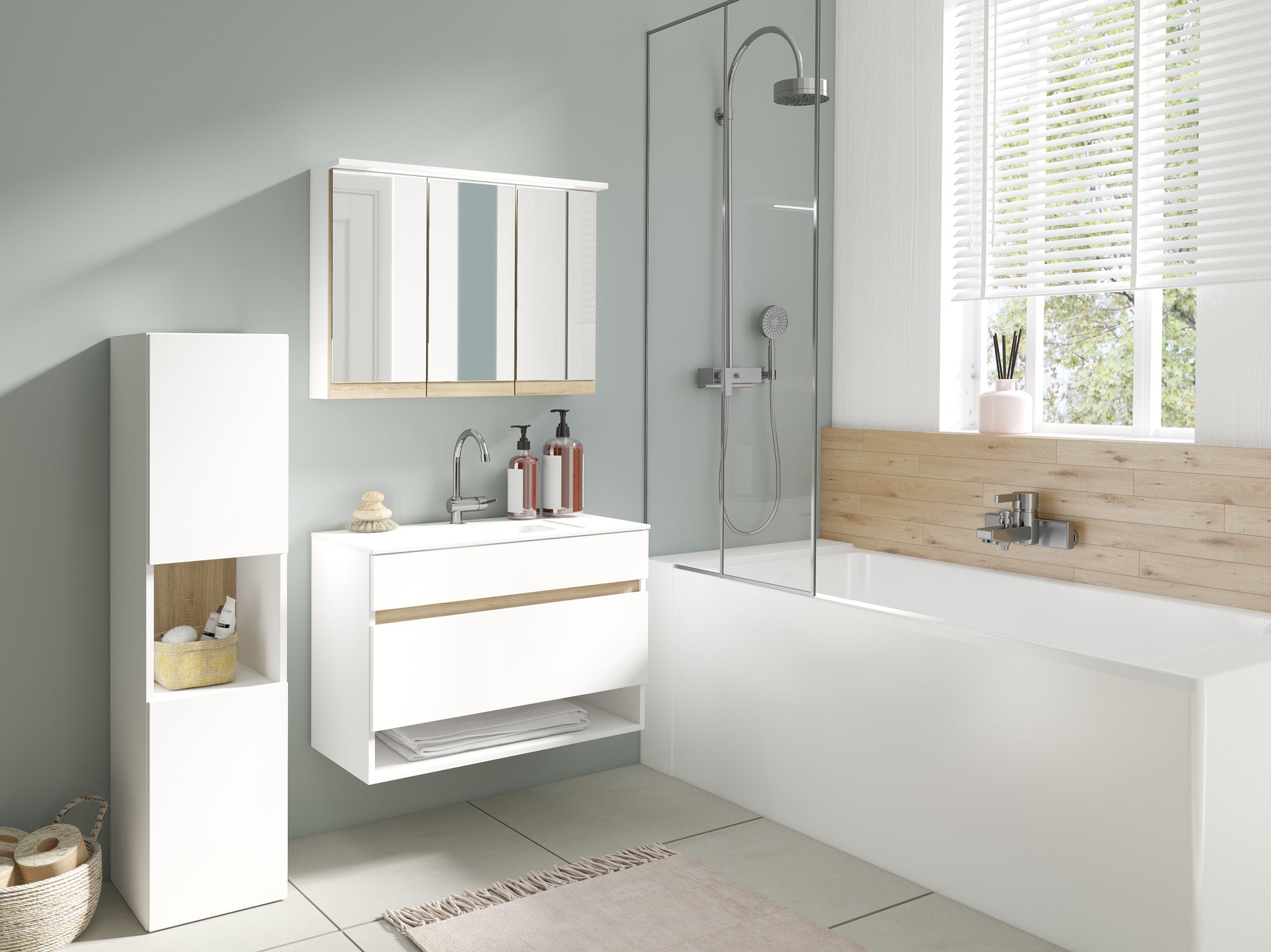 Badezimmer Spiegelschrank Marino mit LED-Beleuchtung und Steckdose / Moderner, 3-türiger Spiegel Hängeschrank in schnee-weiß matt und Absetzung Sonoma Eiche / Wandschrank mit Spiegeltüren / B 80, H 60, T 20 cm