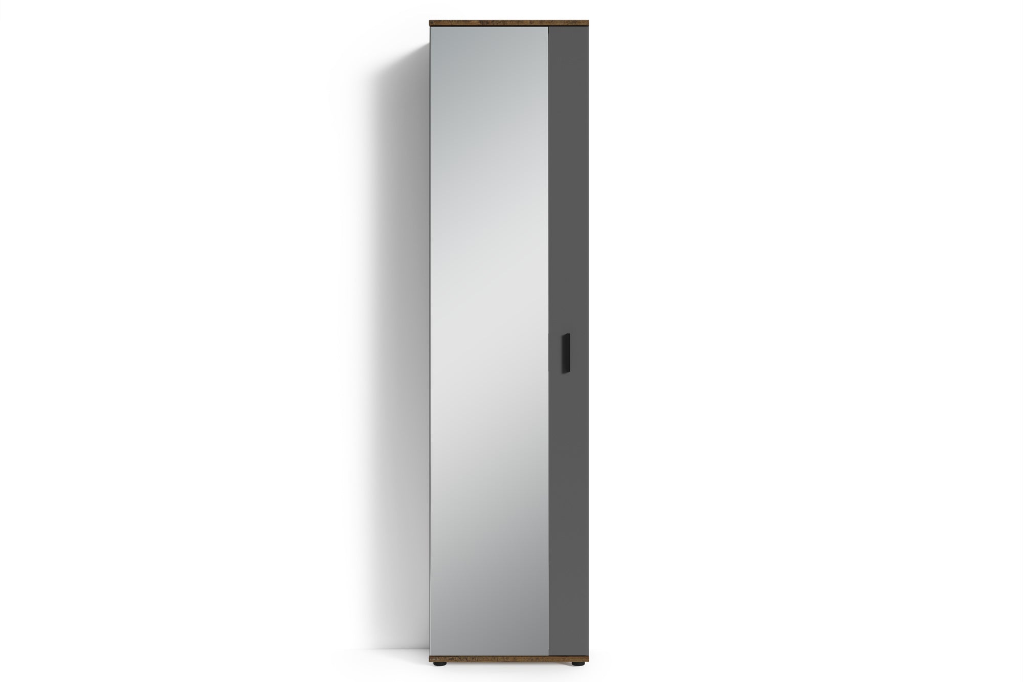 Spiegel-Schrank JAKOB / Eintüriger Hochschrank mit Spiegeltür / Artisan Eiche (Eiche-Optik), weiß oder Old Wood (Altholz-Optik) / Griffe silber oder schwarz / Tür variabel rechts oder links / 5 Fächer / Garderoben-Schrank / B 49, H 196, T 30 cm