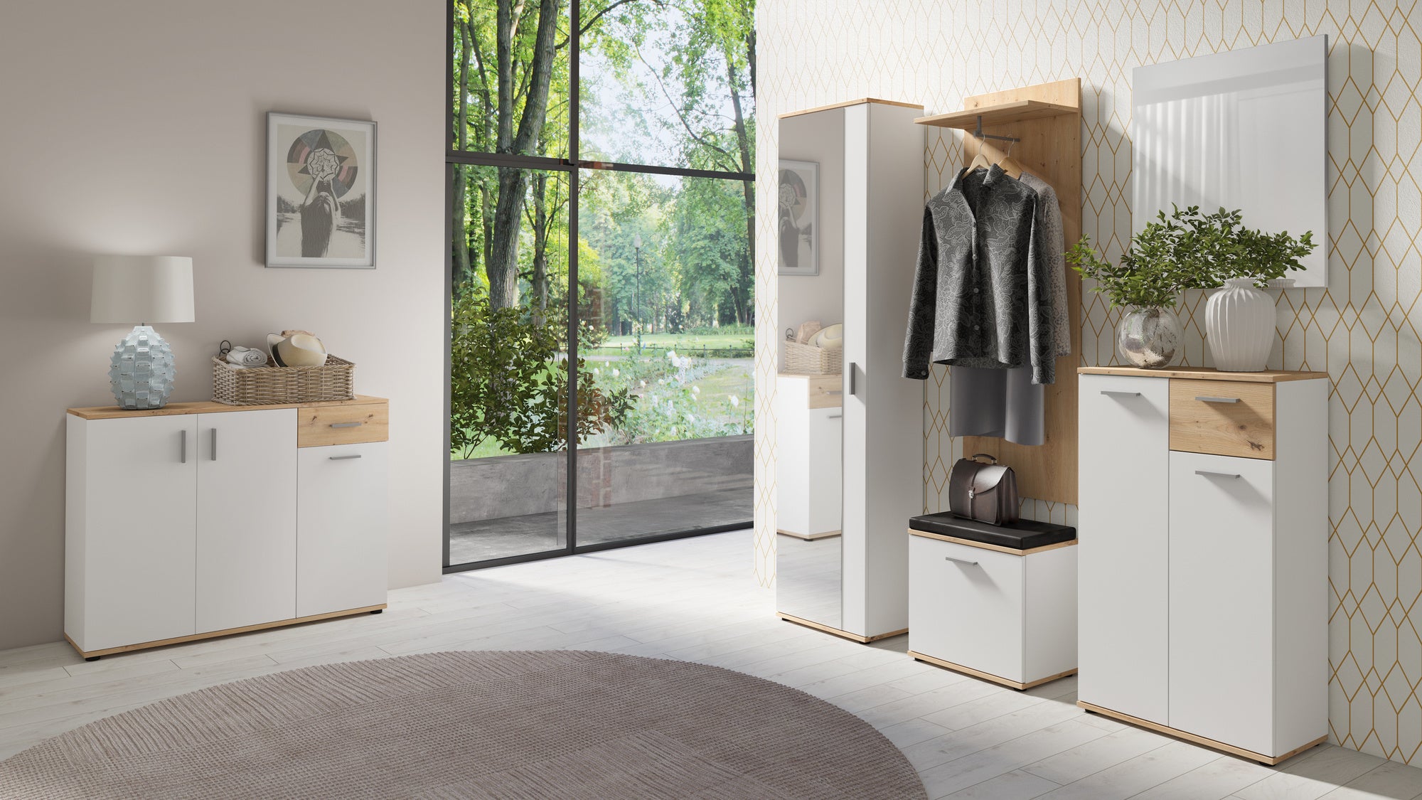 Sitzbank JAKOB / Hocker in Artisan Eiche (Eiche-Optik), schwarz oder Old Wood (Altholz-Optik) mit schwarzem Kunstleder Sitzkissen / Schuhschrank mit Tür / zwei Fächer / Garderoben-Kommode / Schuh-Bank / B 48,5 H 49, T 30 cm