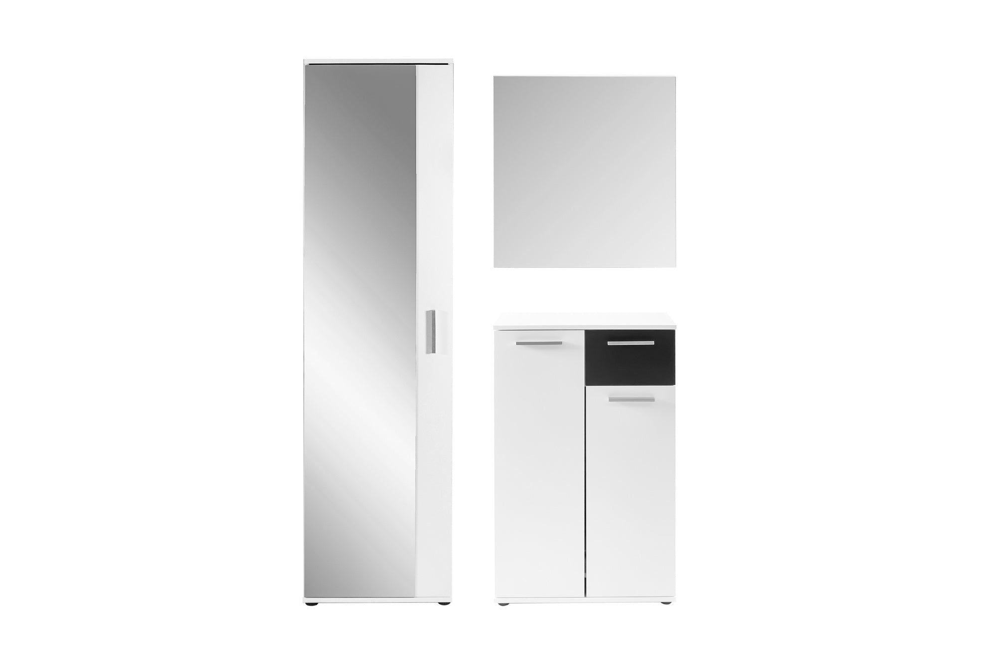 Spiegel-Schrank JAKOB / Eintüriger Hochschrank mit Spiegeltür / Artisan Eiche (Eiche-Optik), weiß oder Old Wood (Altholz-Optik) / Griffe silber oder schwarz / Tür variabel rechts oder links / 5 Fächer / Garderoben-Schrank / B 49, H 196, T 30 cm