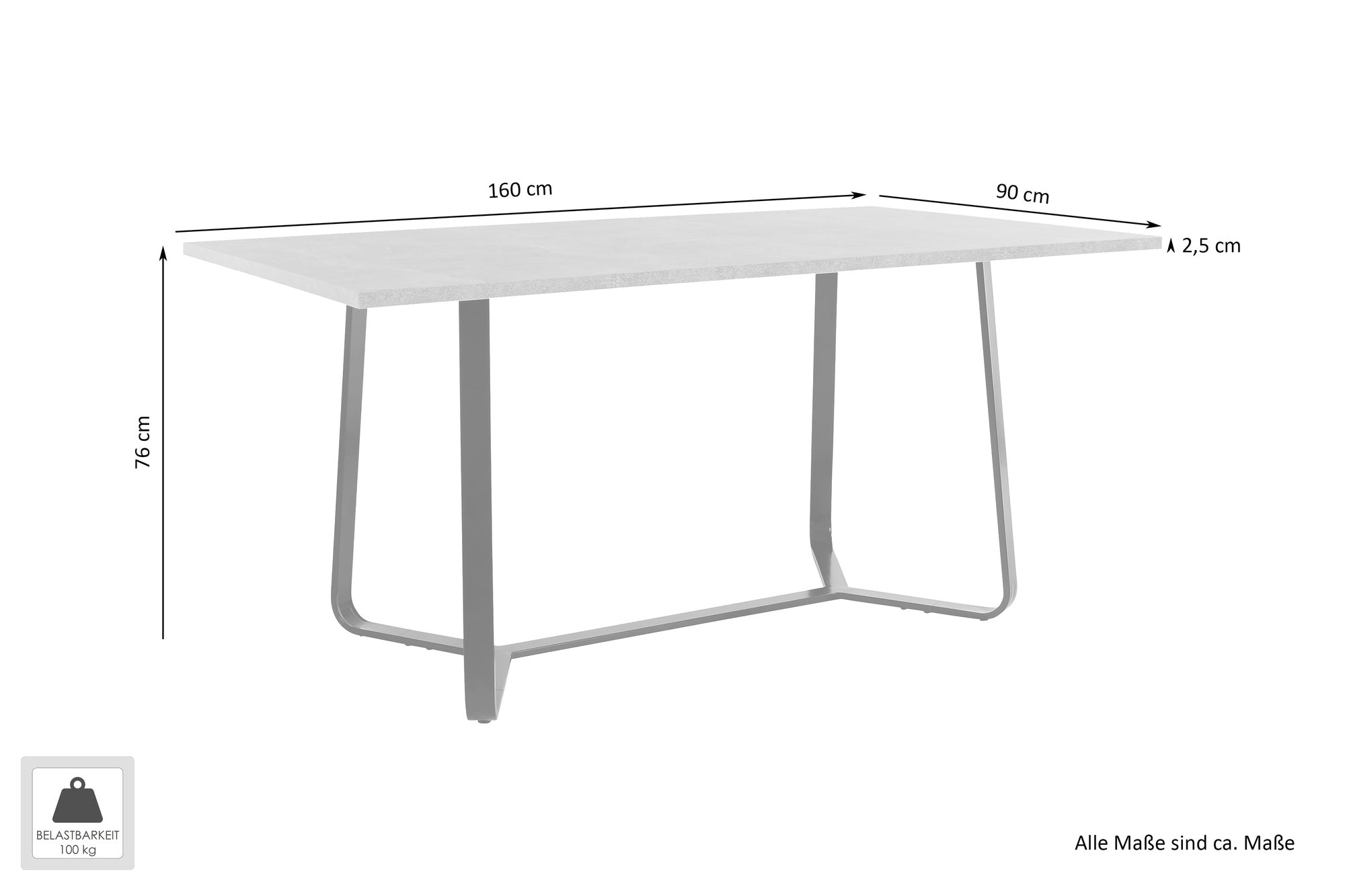 Esstisch Talea / Moderner Küchentisch in Beton-Optik / Gestell Metall schwarz pulverbeschichtet / Großer Esstisch / B 140, H 76, T 90 cm